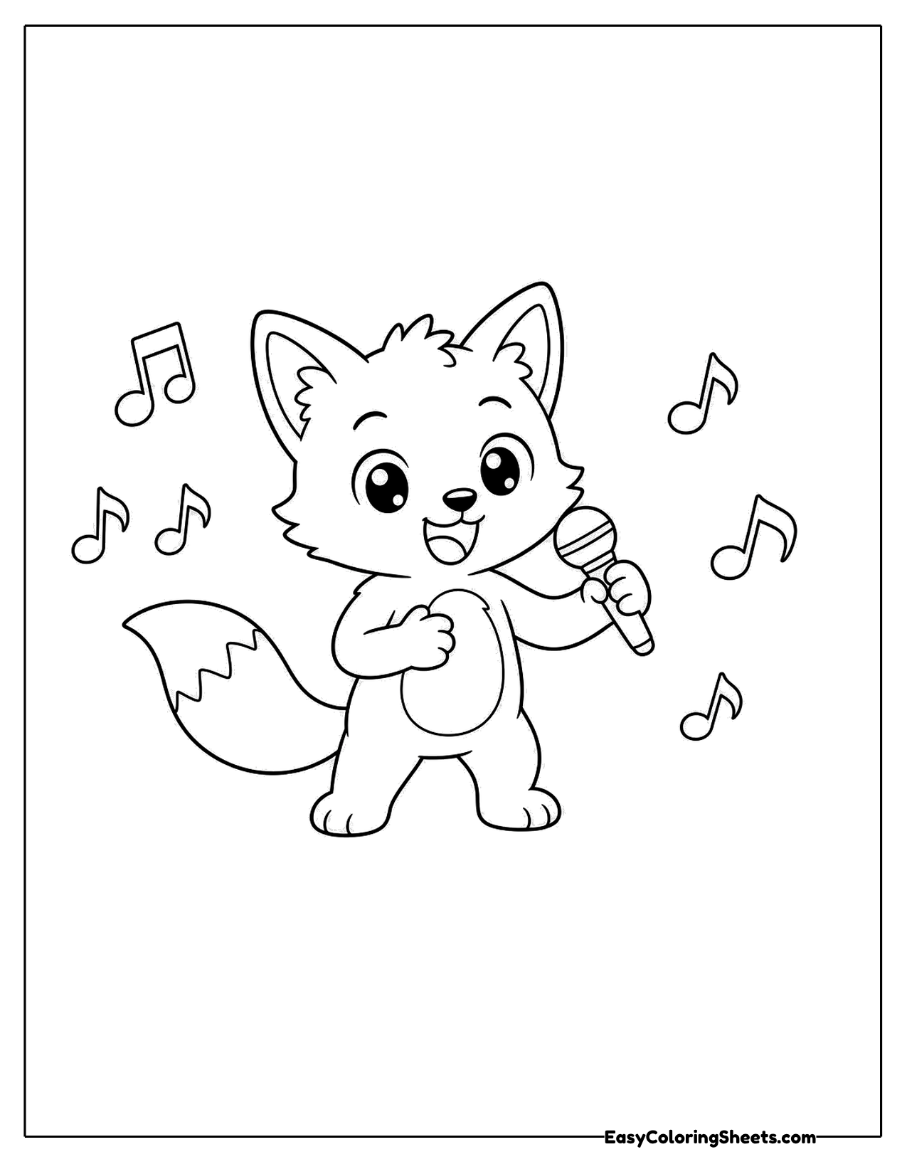 Cartoon fox singing with music notes around it