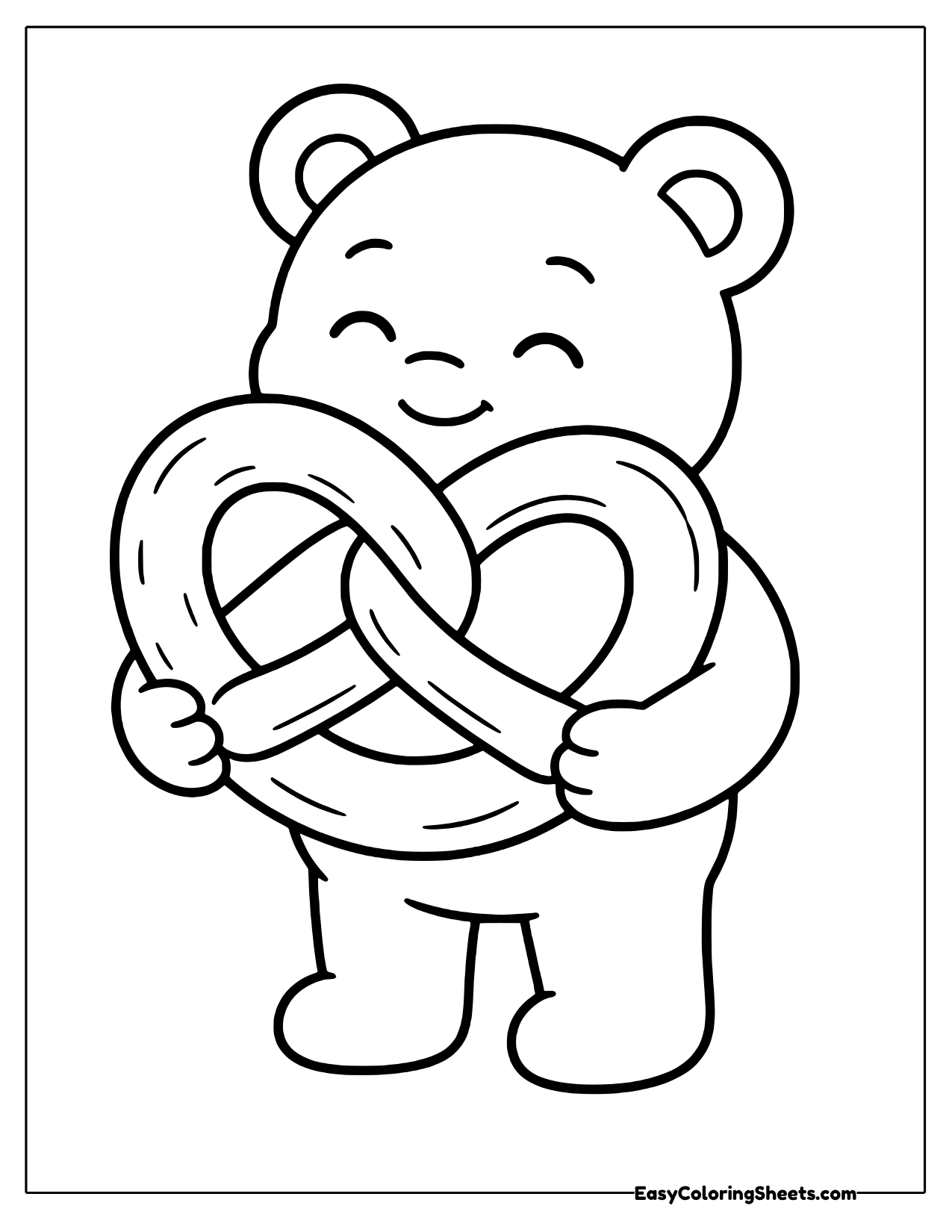 Cheerful bear hugging a giant twisted pretzel