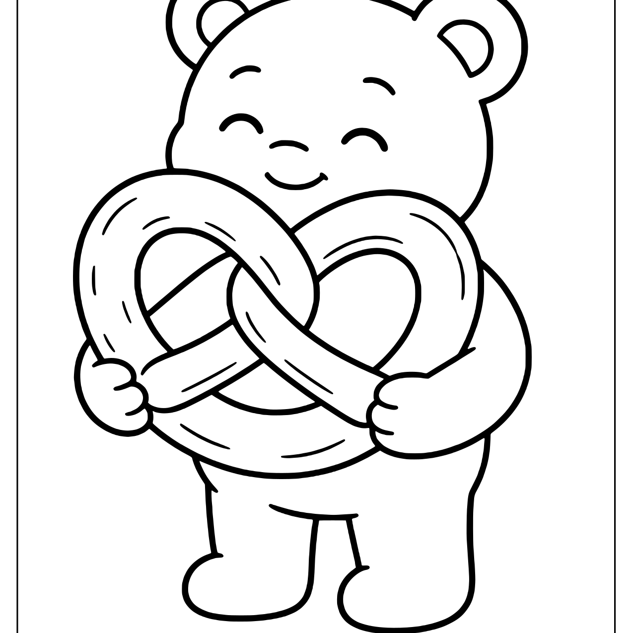 Cheerful bear hugging a giant twisted pretzel