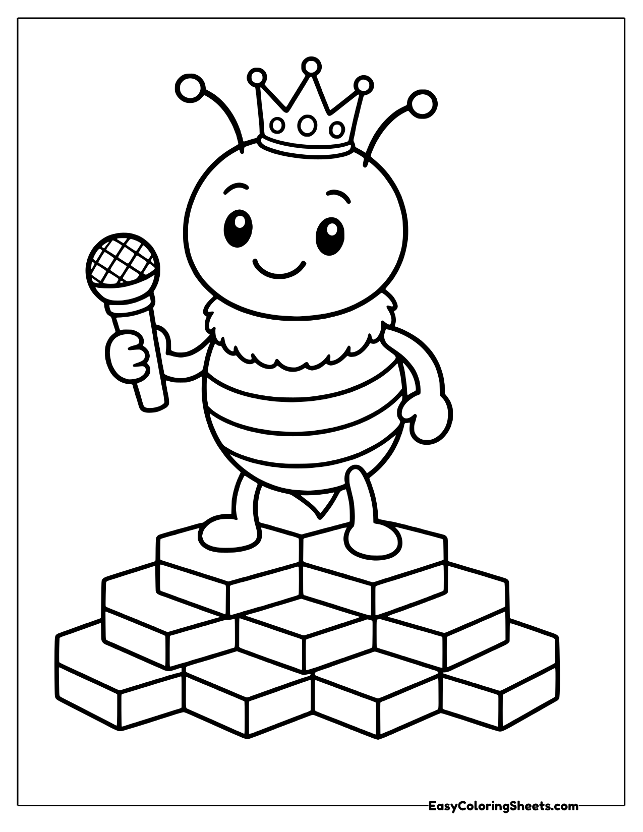 Crowned queen bee holding a microphone on a honeycomb stack coloring page