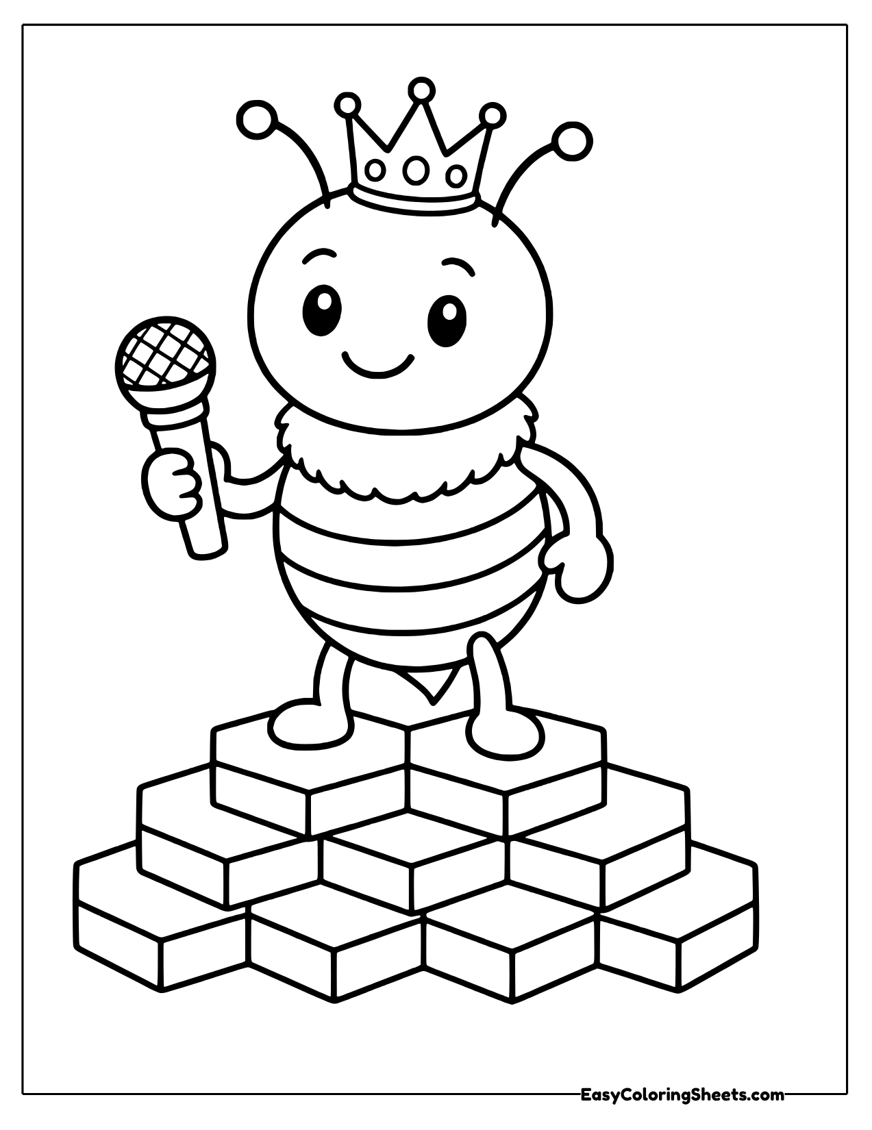 Crowned queen bee holding a microphone on a honeycomb stack coloring page
