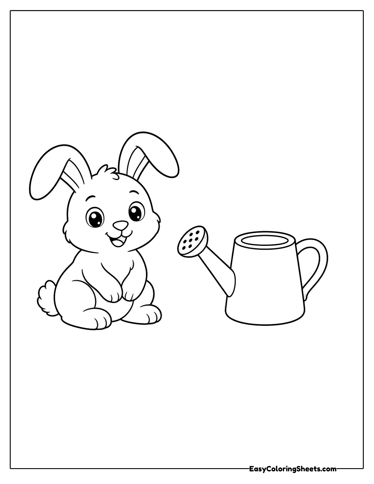 Bunny sitting beside a watering can with a long spout
