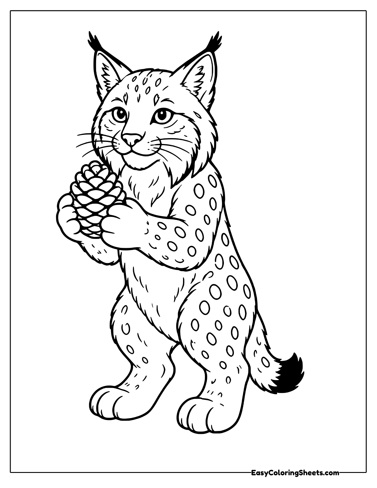 Standing lynx holding a pinecone in its paws