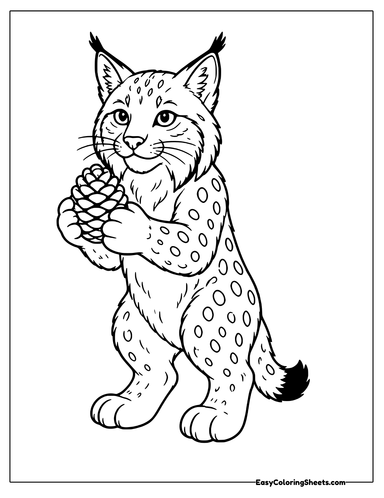 Standing lynx holding a pinecone in its paws