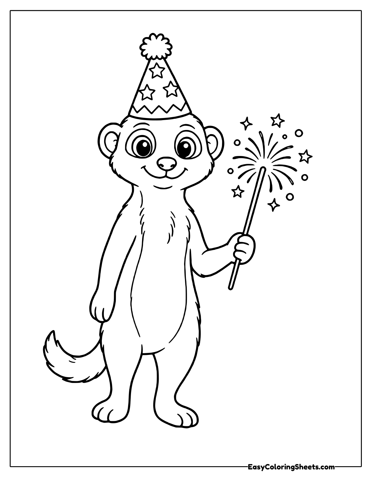Tall meerkat in a zigzag party hat holding a starry sparkler