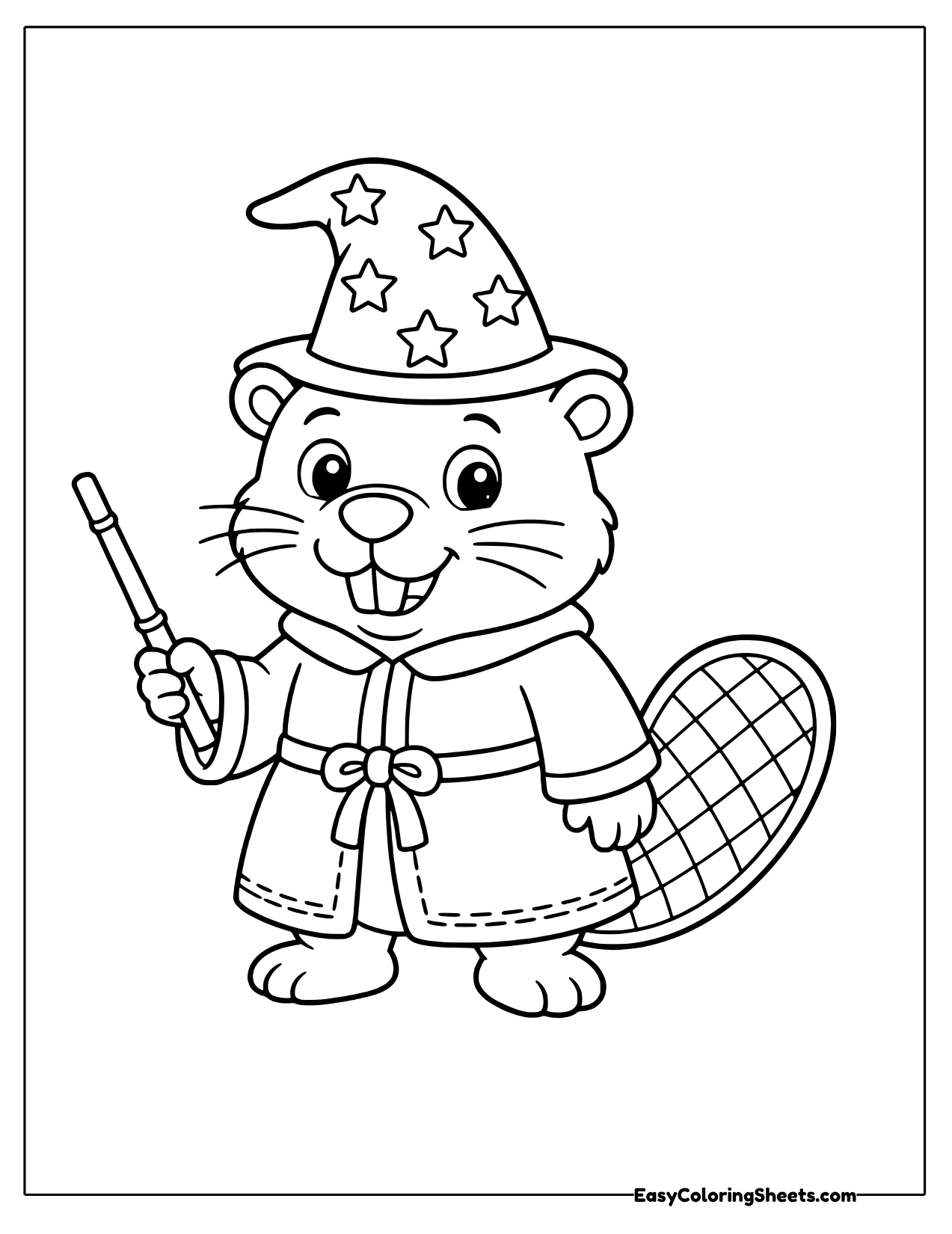 Beaver wizard in a starry pointed hat and robe holding a magic wand
