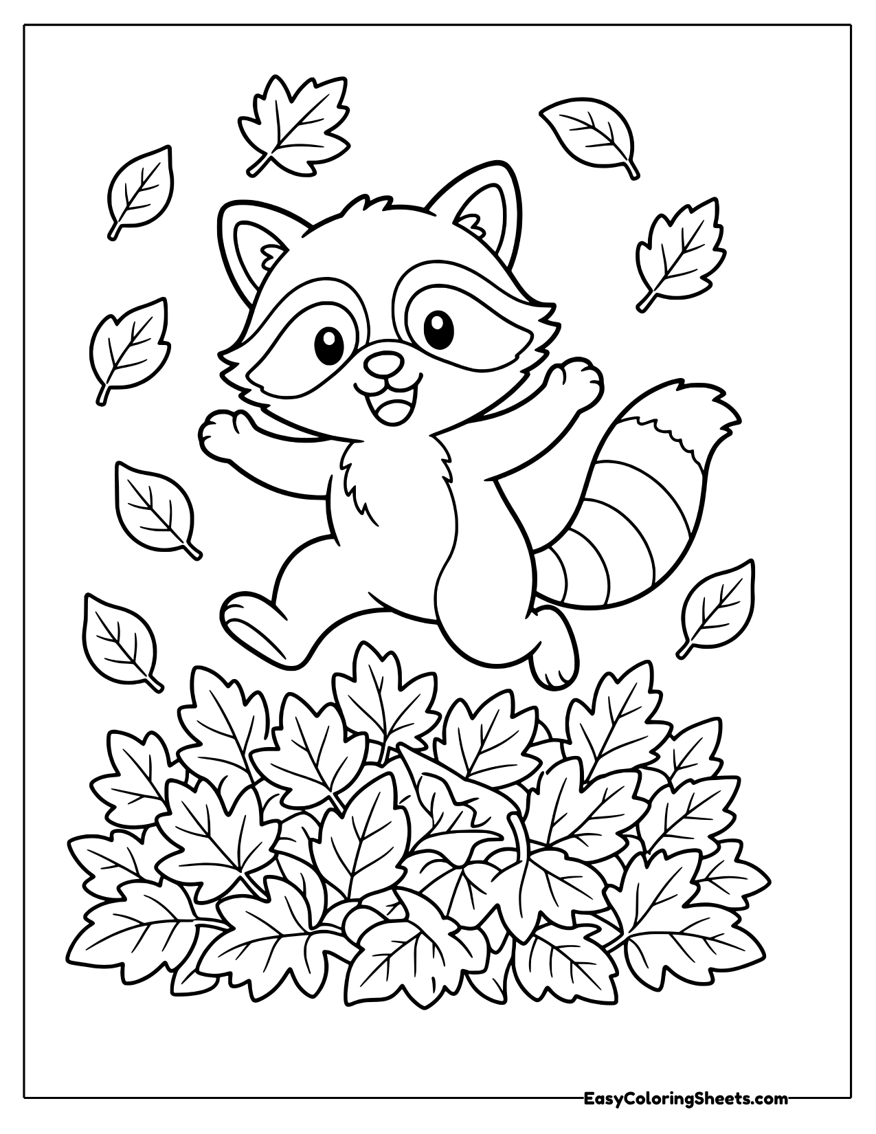 Raccoon jumping into a pile of autumn leaves