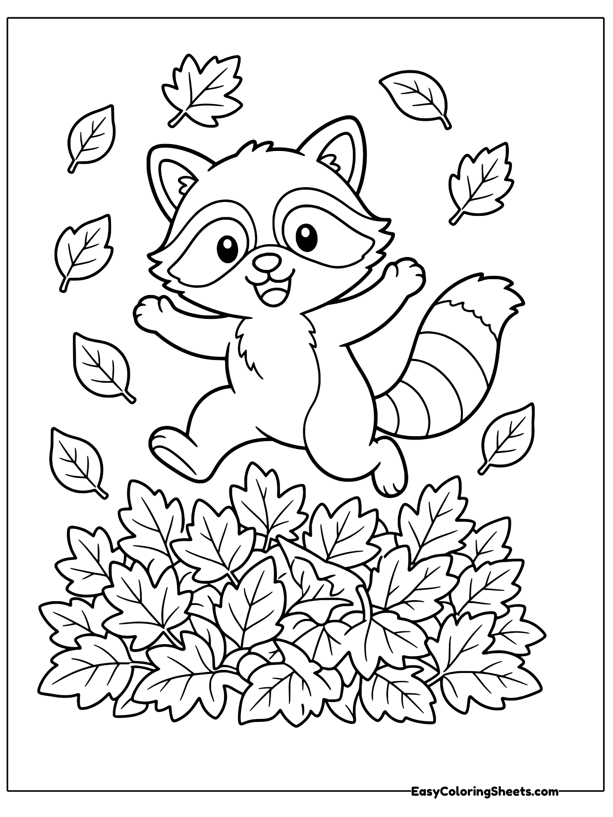 A happy raccoon jumps into a big pile of autumn leaves while more leaves fall all around.