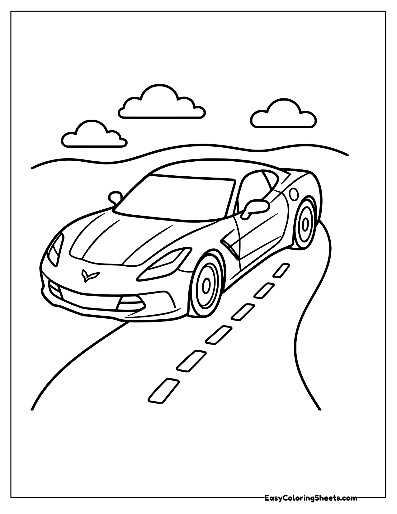 A sports car speeds along a winding road that curves over a hill, with clouds above.