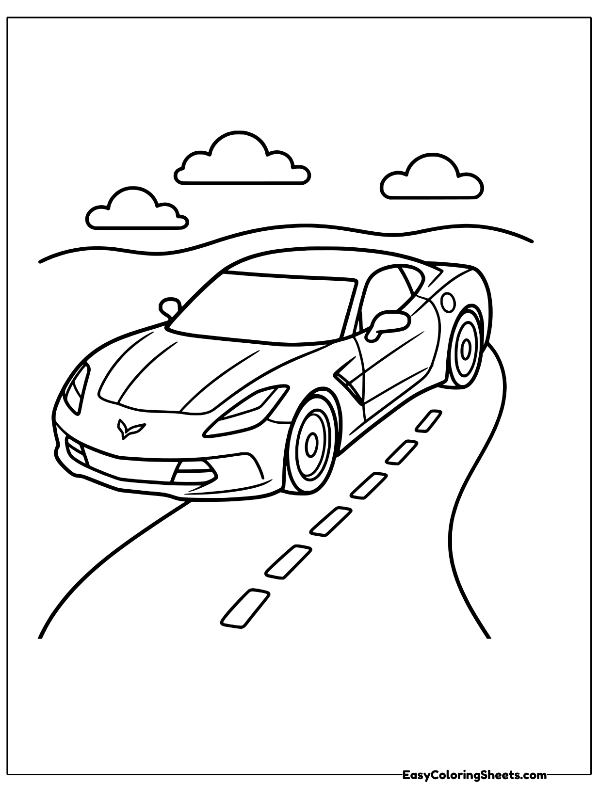 A sports car speeds along a winding road that curves over a hill, with clouds above.