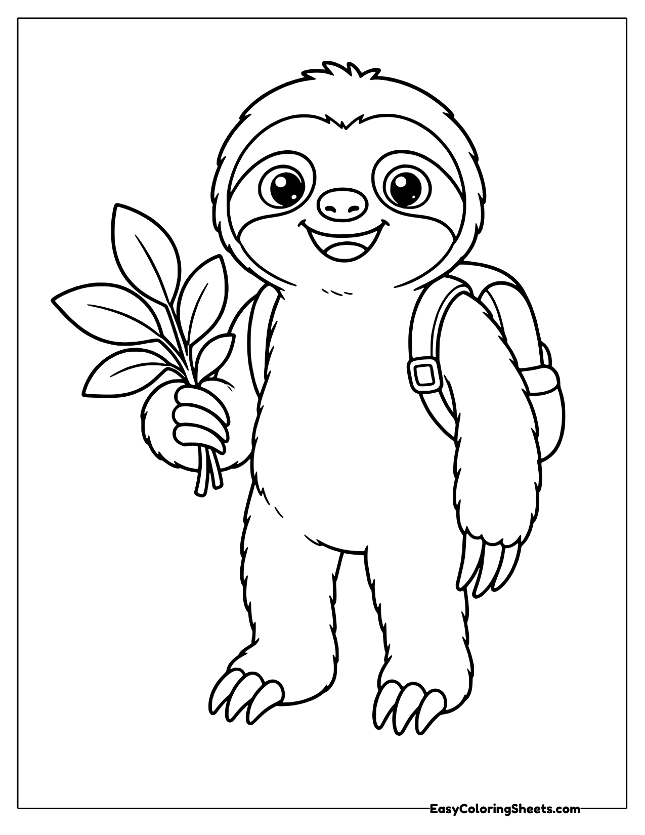 Sloth wearing a backpack and holding a leafy sprig