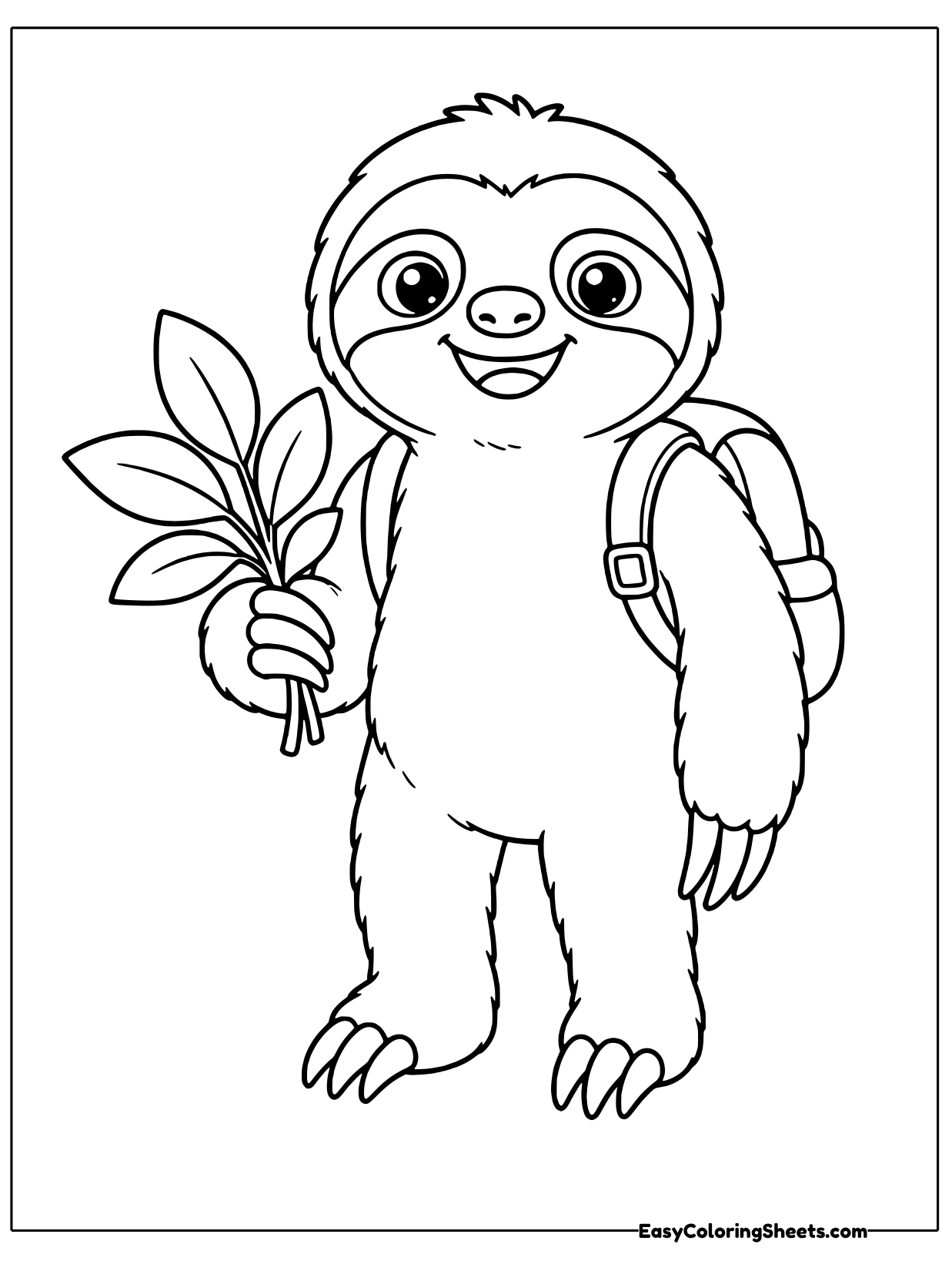 A cheerful sloth stands upright with a small backpack strapped on and a bunch of leaves clutched in one paw.