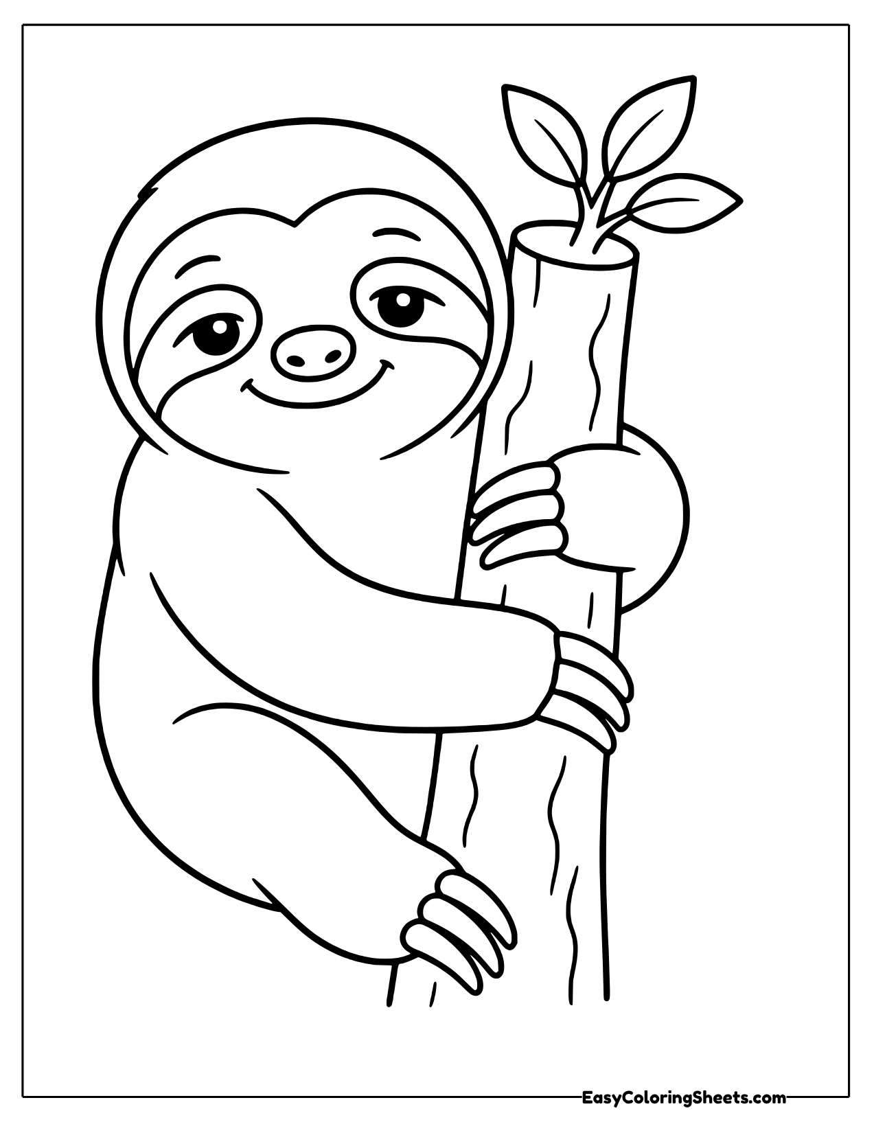 Sloth clinging to a trunk with leaves sprouting on top