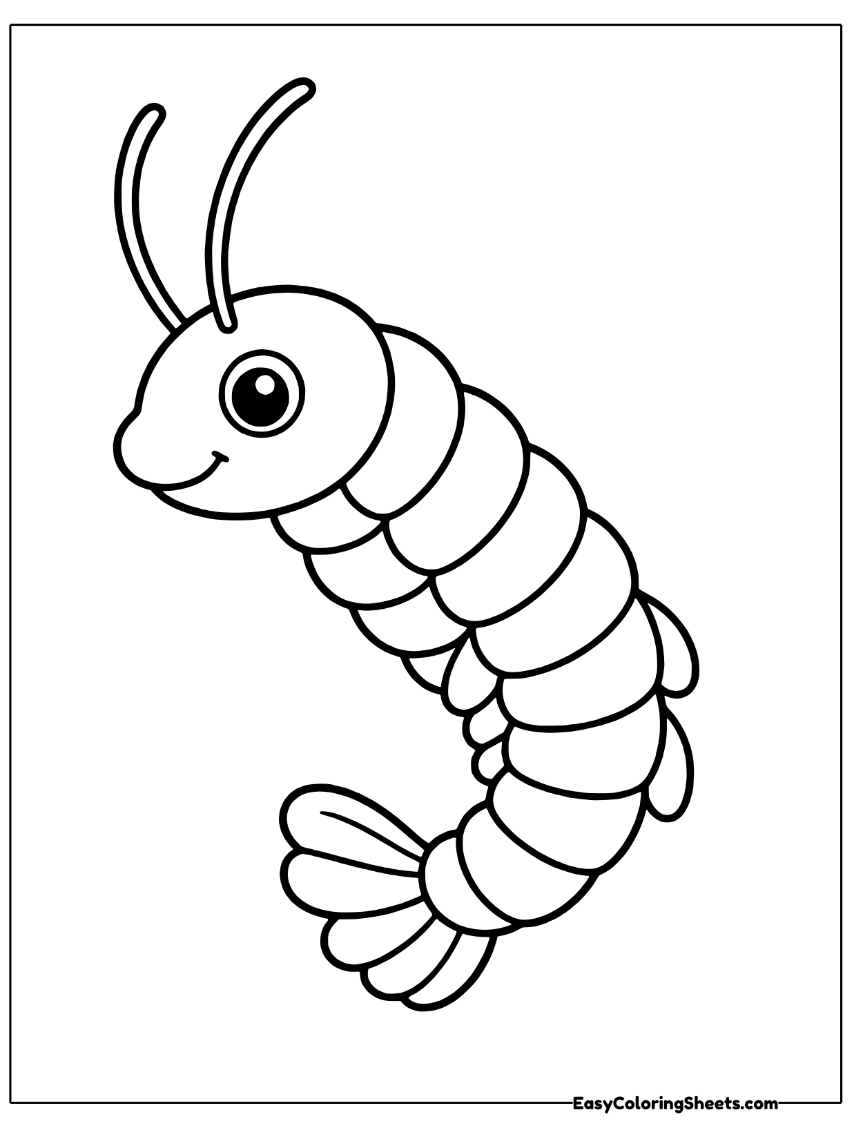A friendly shrimp curls its segmented body across the page, with two long antennae on its head and a fan shaped tail at the.