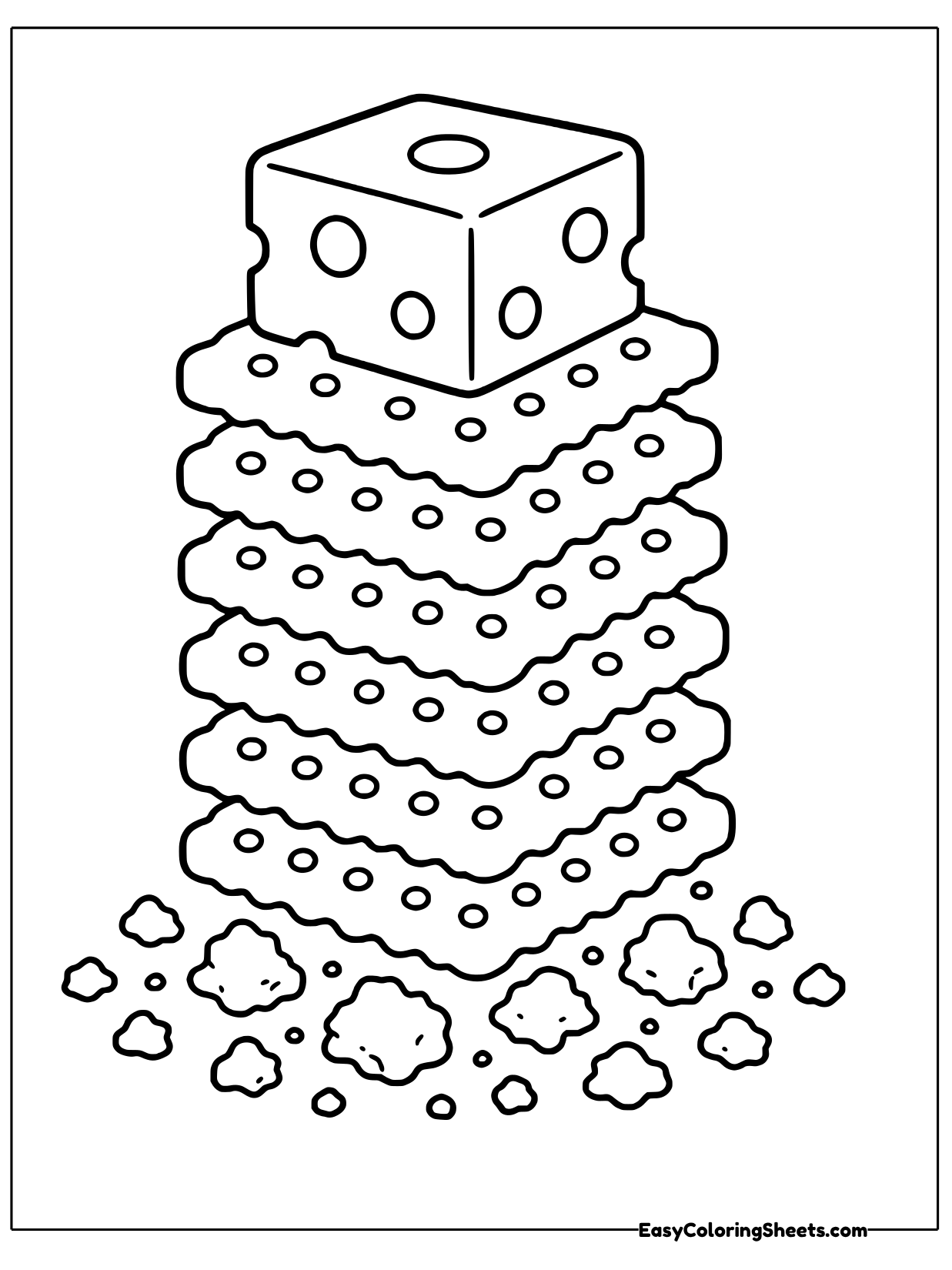 A tall stack of crispy crackers with little holes sits under a cube of cheese, with crumbs scattered at the bottom.