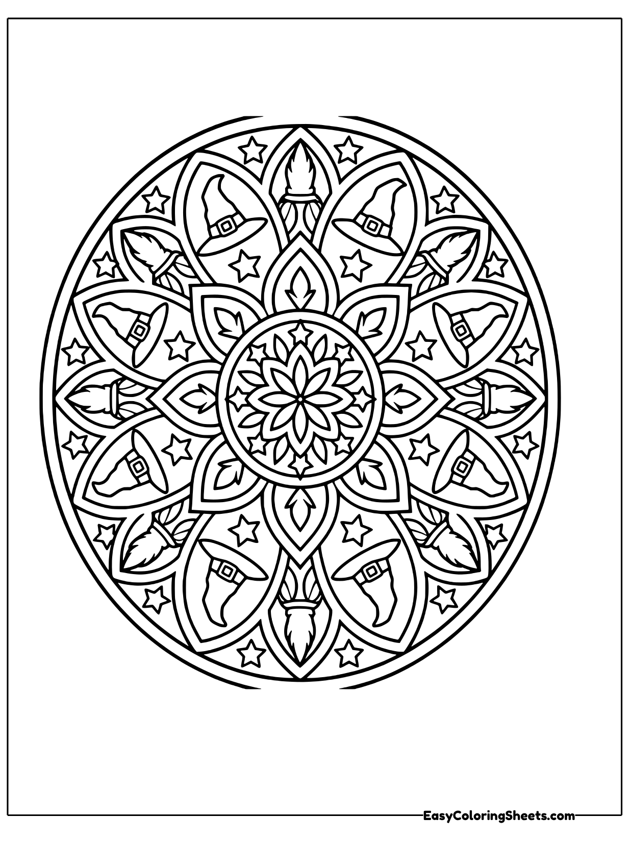 A large lacy flower blooms at the center of this tall oval mandala, surrounded by rings of pointed petals and small.