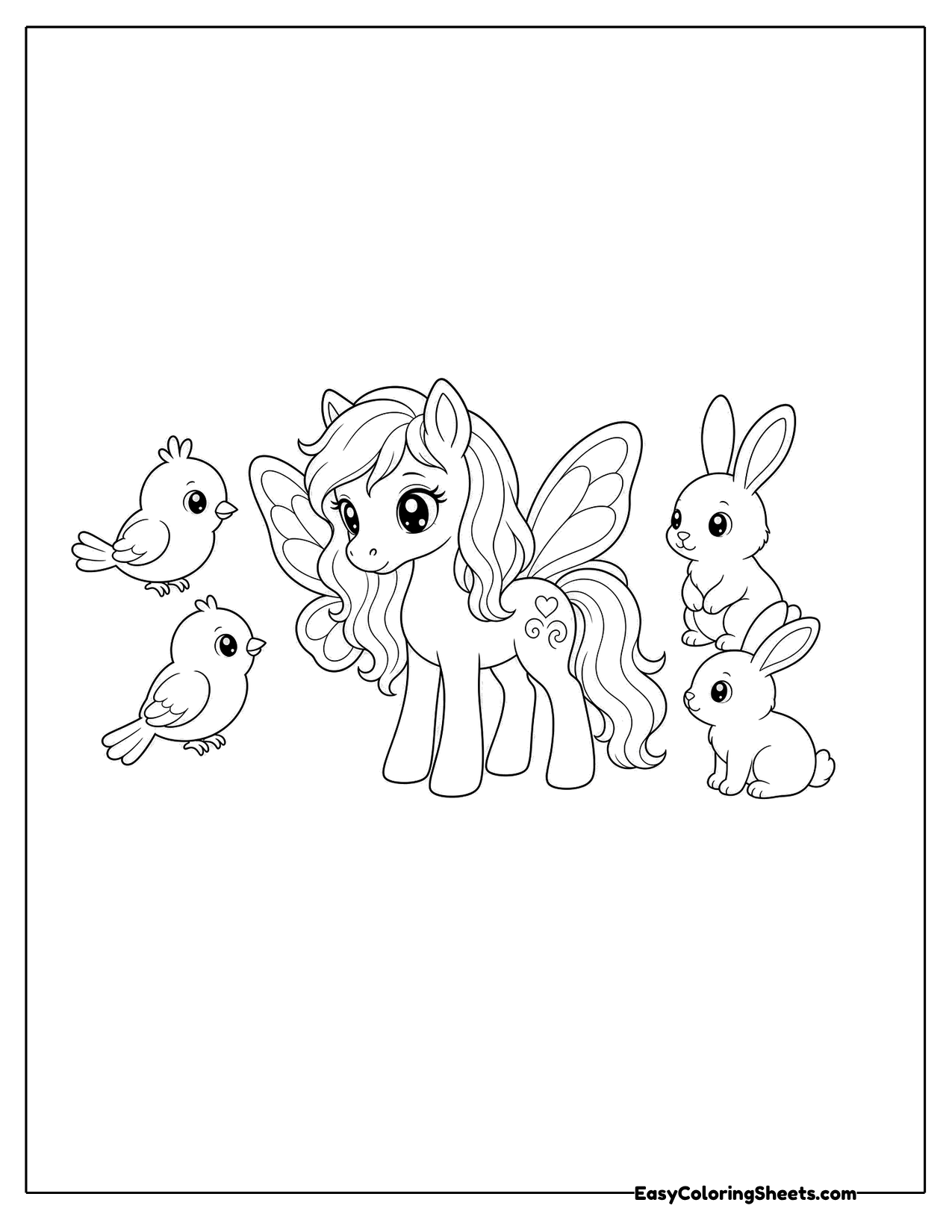 Winged pony with a bird and bunnies