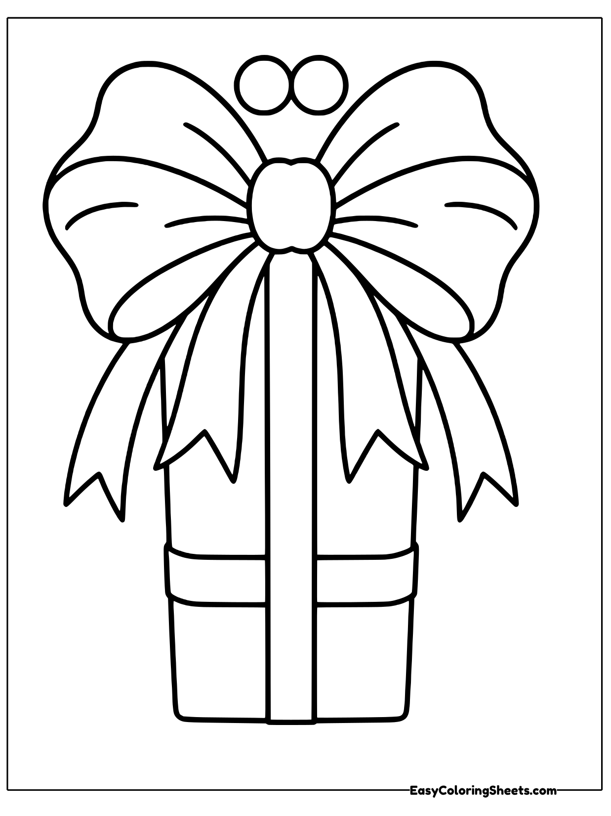 A gift box is crowned with a huge bow whose loops spread wider than the box itself, with long ribbon tails trailing down.