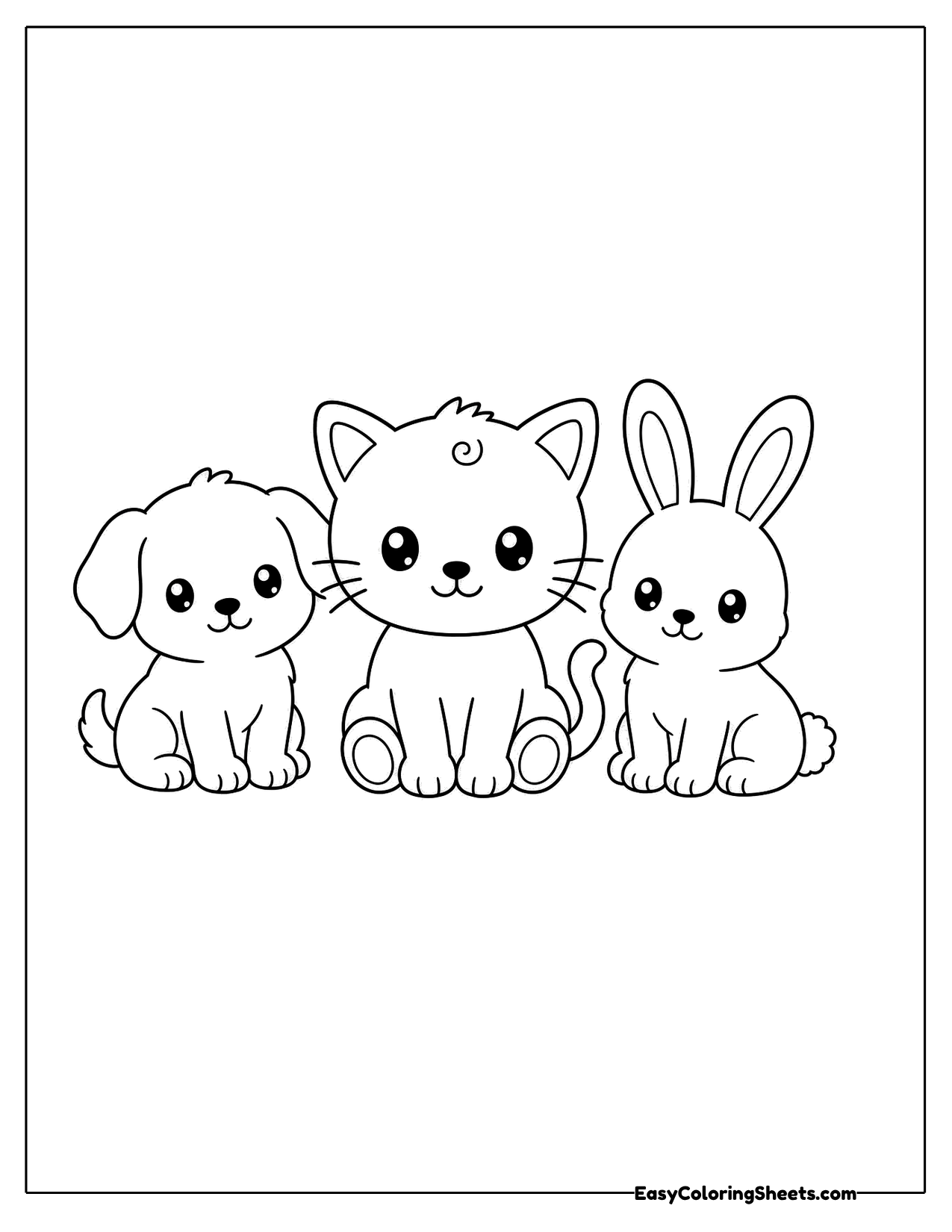 Cartoon cat sitting with a puppy and bunny