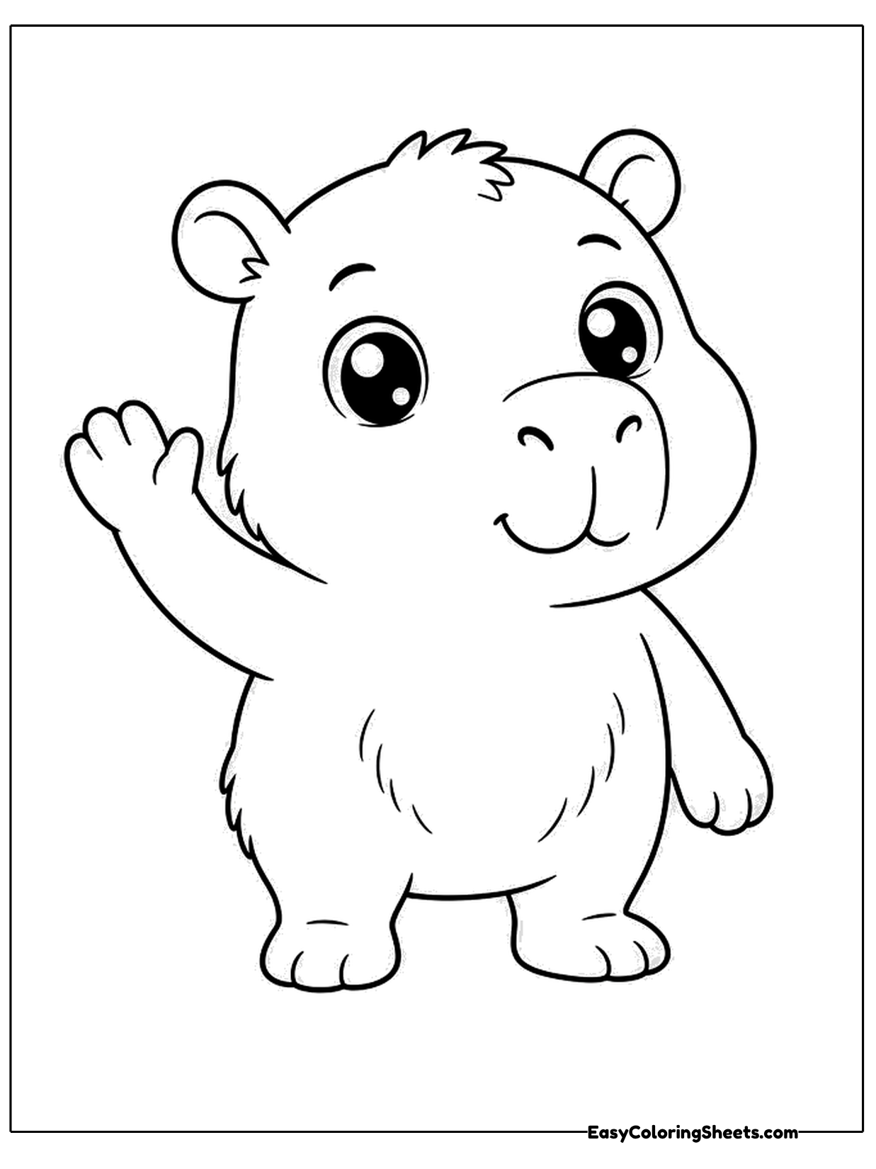 A cute capybara character with big shiny eyes stands on its back legs and waves one paw in greeting.