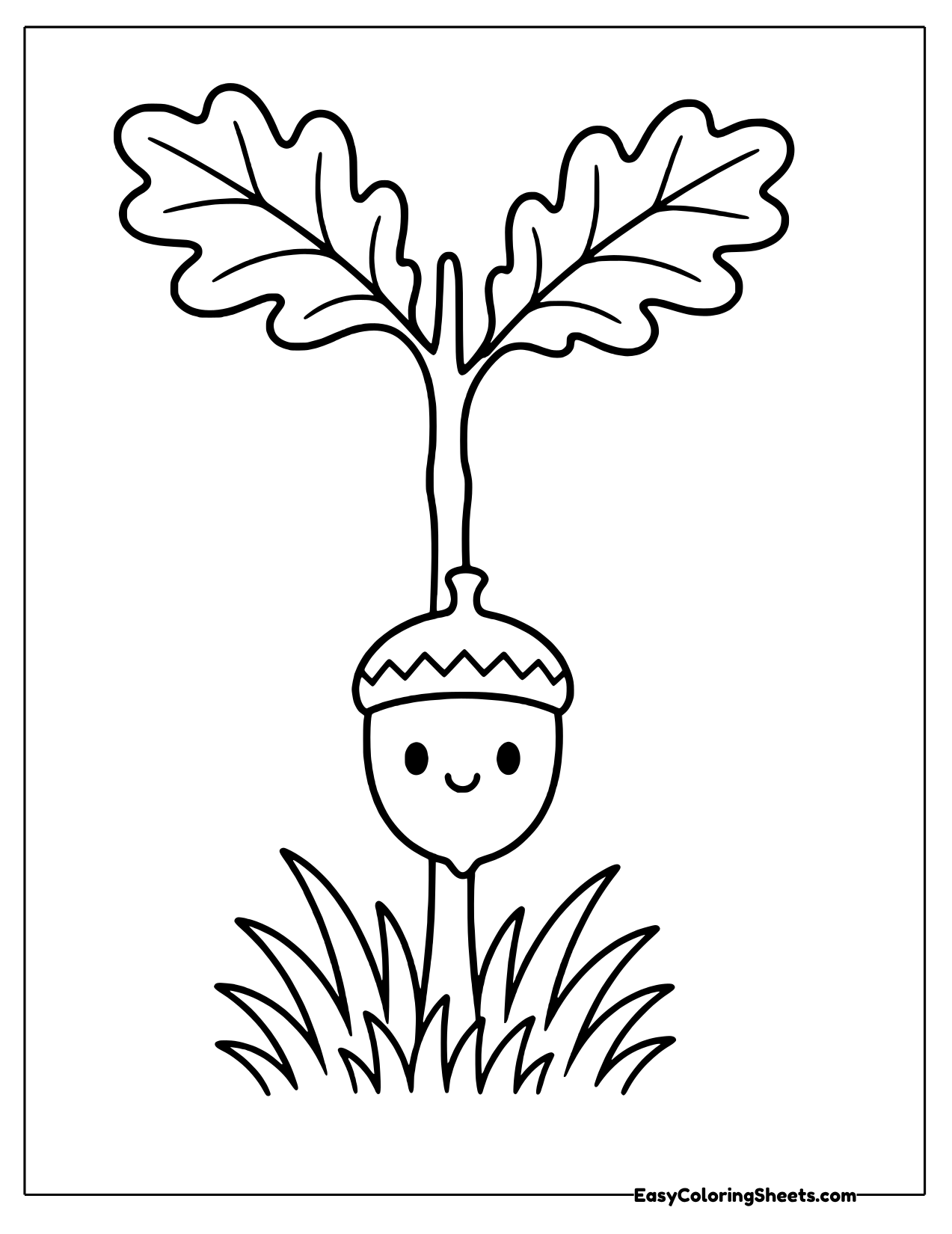 Smiling acorn hanging from a stem under oak leaves