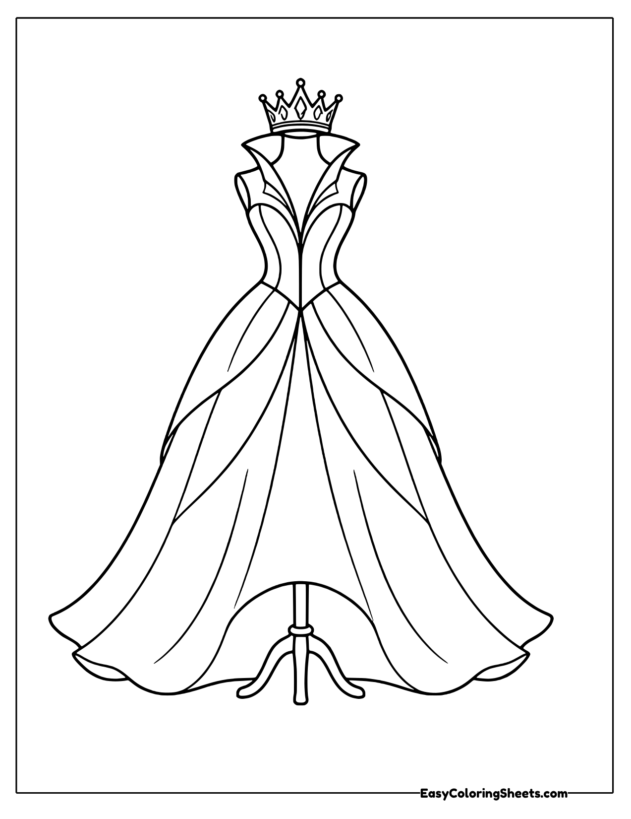 Glamorous high collar stage gown on a dress form with a crown coloring page