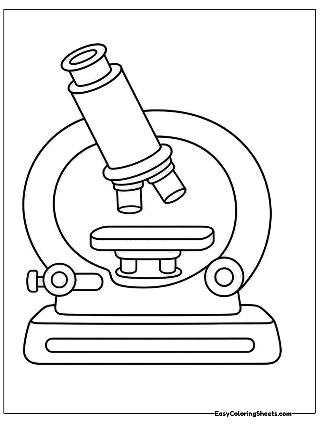 A microscope with a tilted eyepiece, focus knobs and a sturdy base stands at the center of this science page.