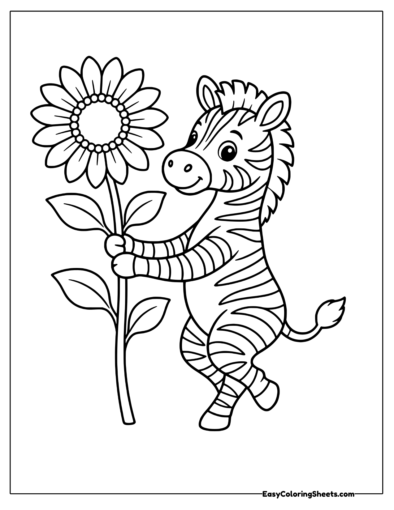 Zebra hugging the stem of a giant sunflower