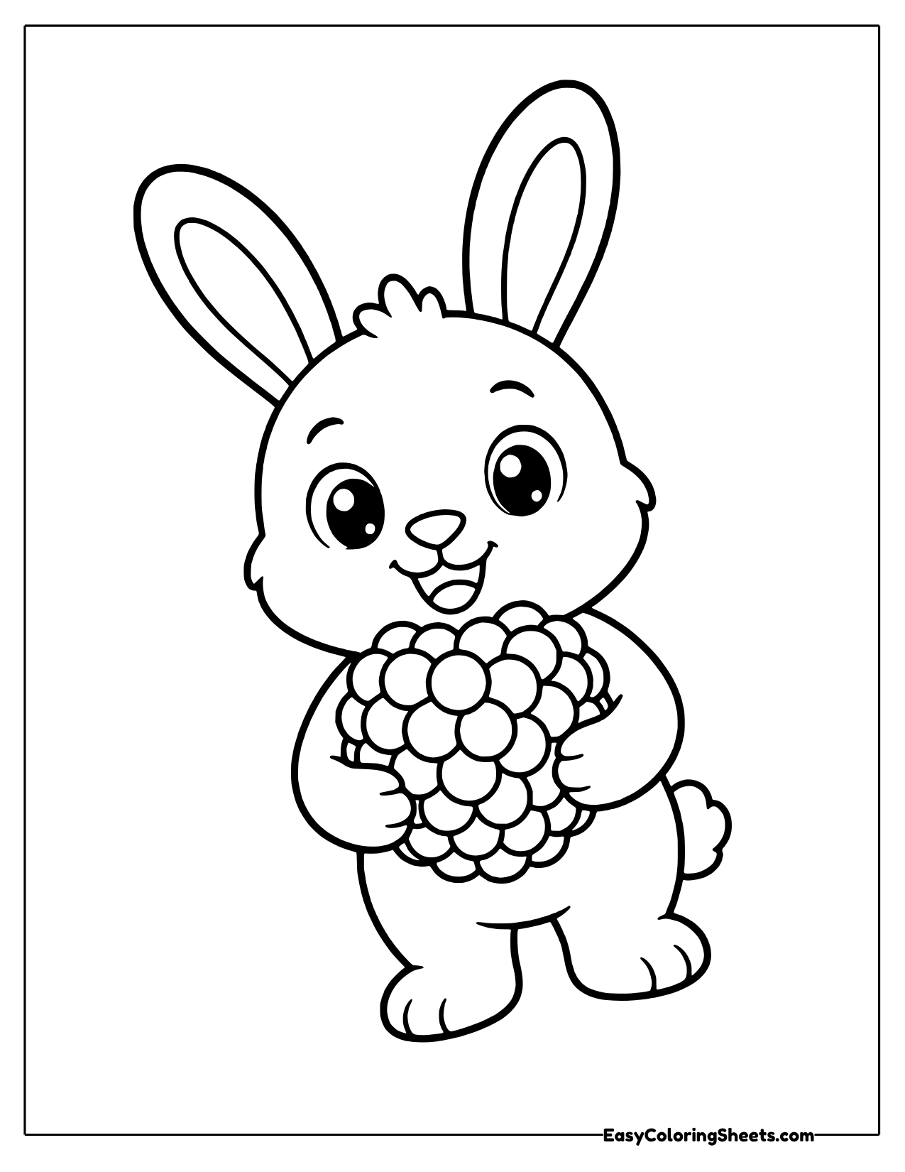 Tilted bunny with tall ears hugging a big raspberry