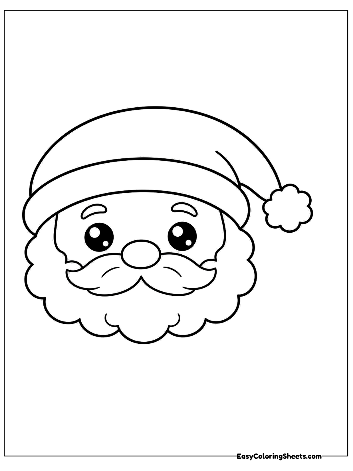 Just Santa's face fills this page, with a big floppy hat, a round nose and a fluffy beard.