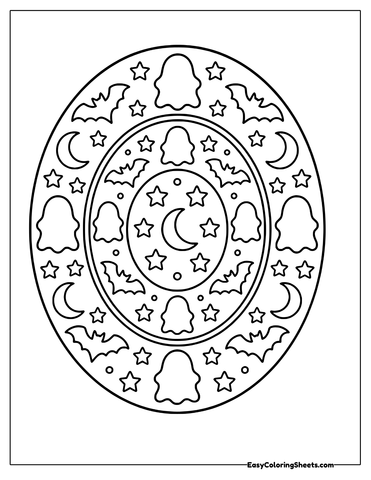 Mandala with friendly ghosts, bats and crescent moons