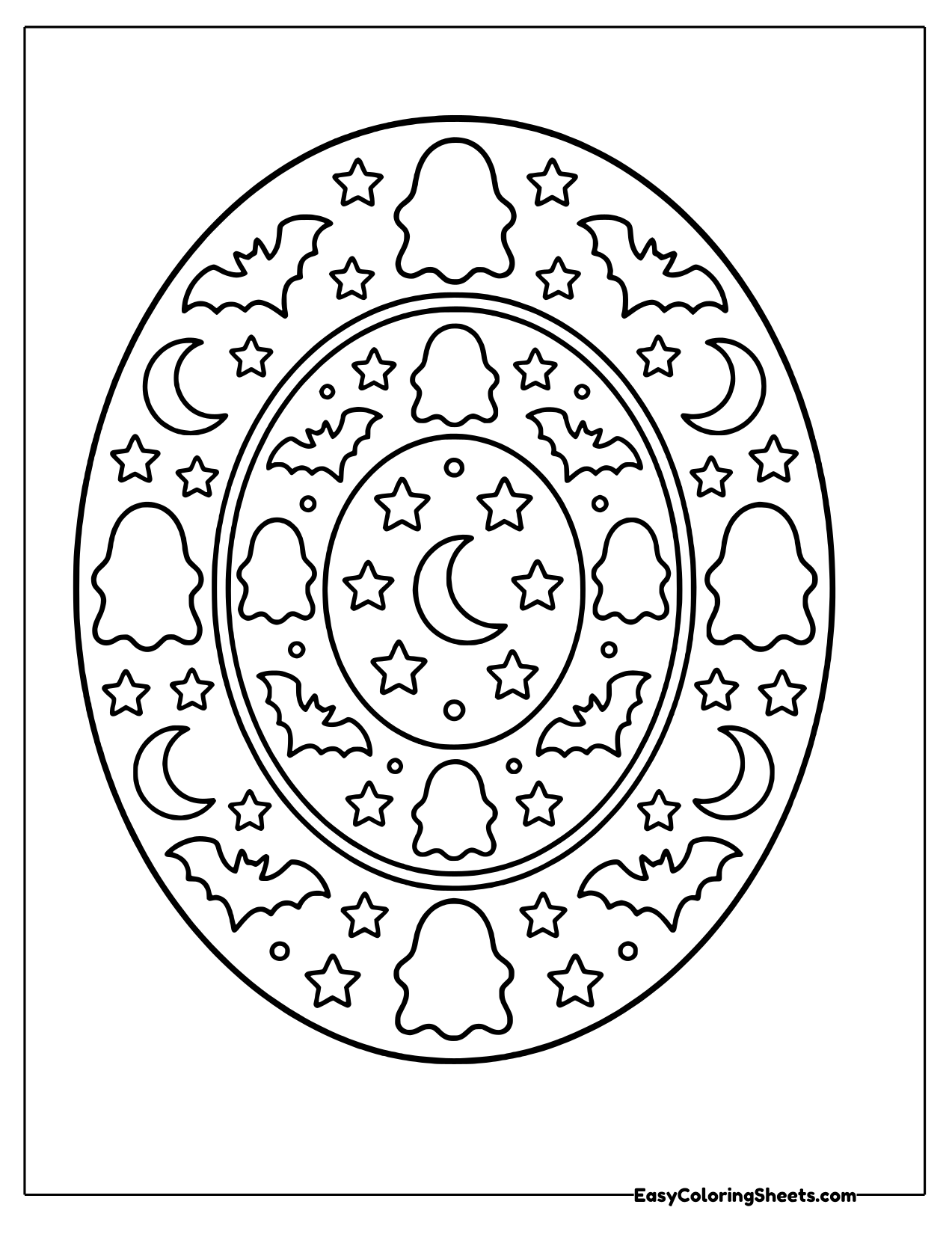 Mandala with friendly ghosts, bats and crescent moons