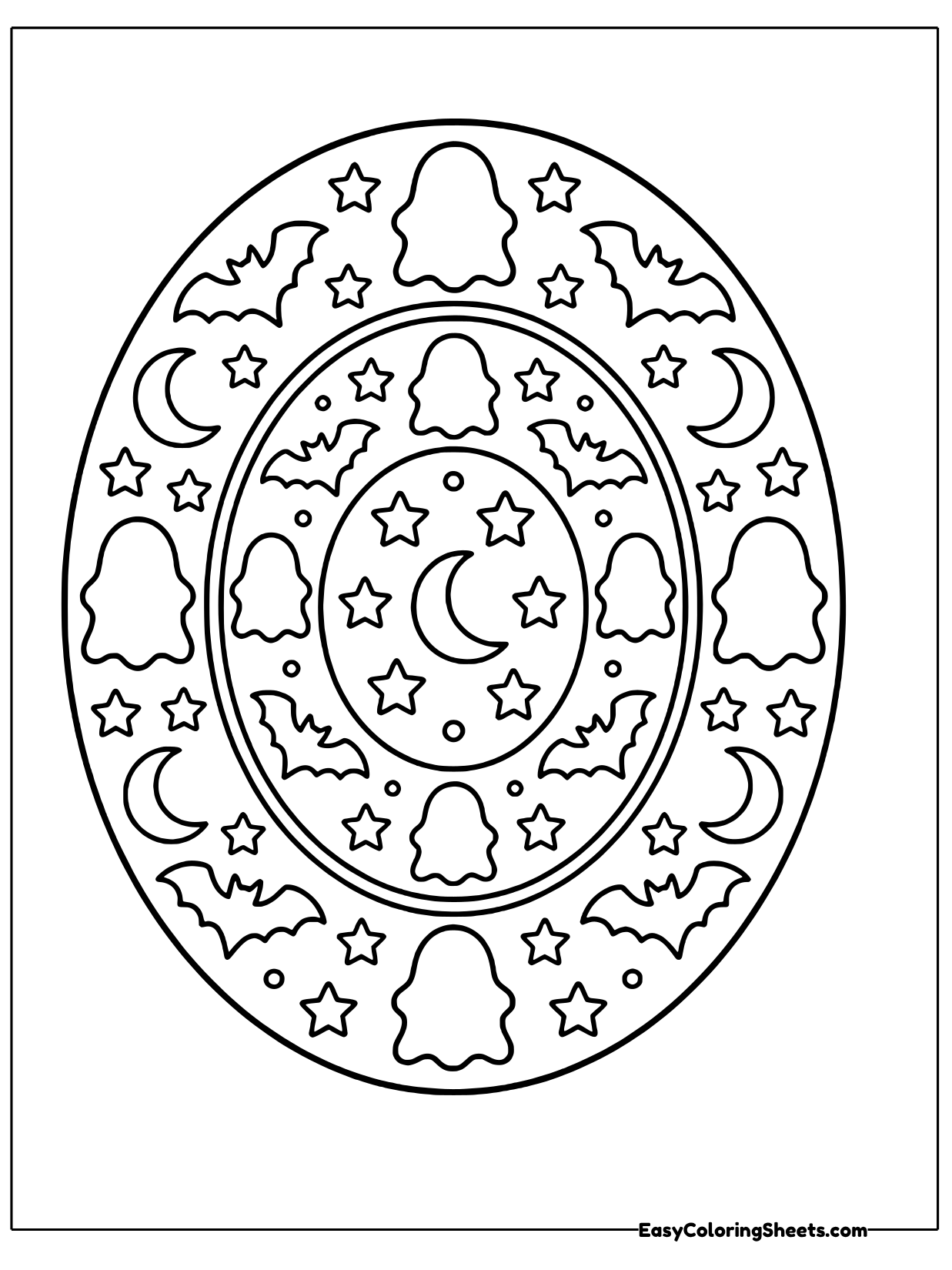 Friendly little ghosts, flapping bats, crescent moons and stars float in rings around the center of this oval mandala.