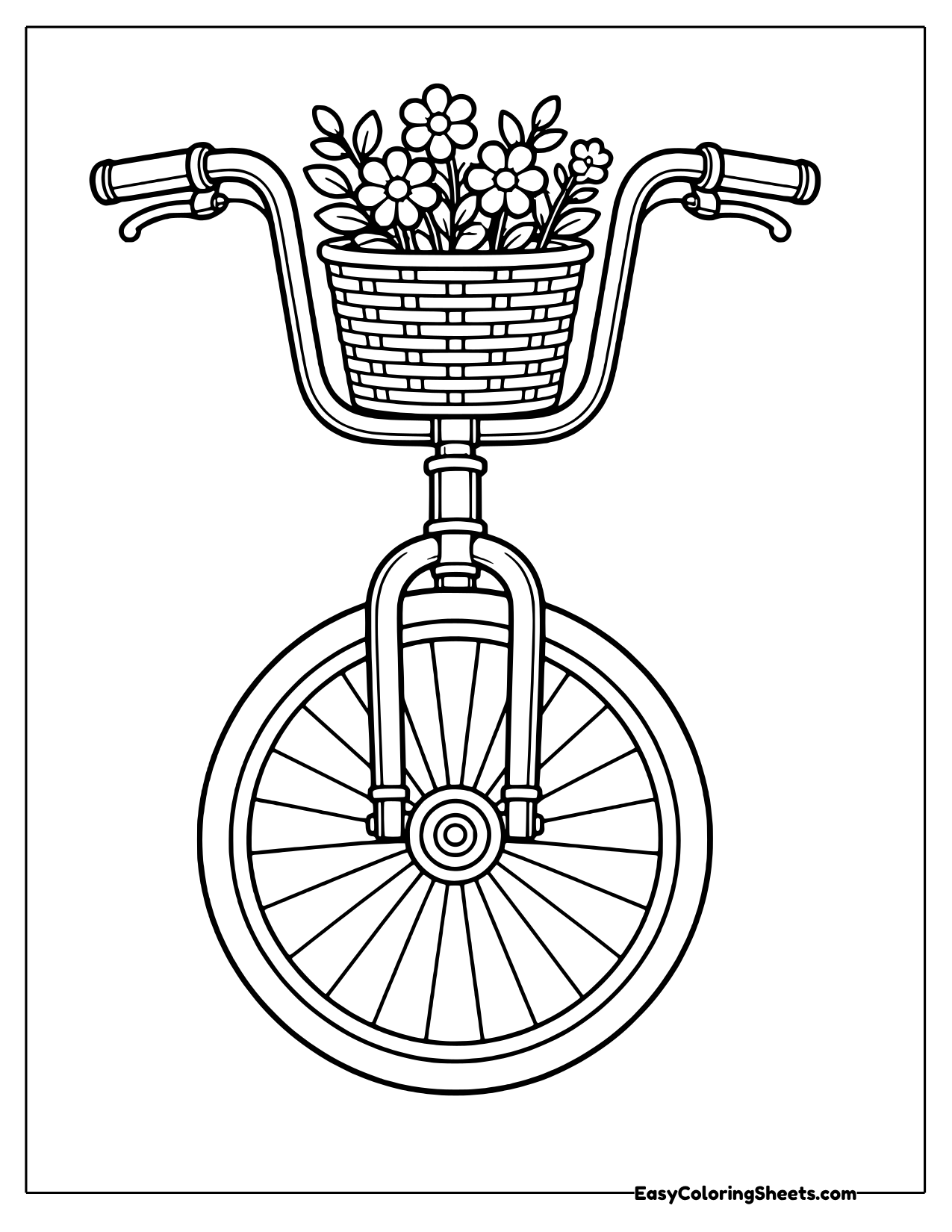 Bicycle front view with a flower basket and tall handlebars