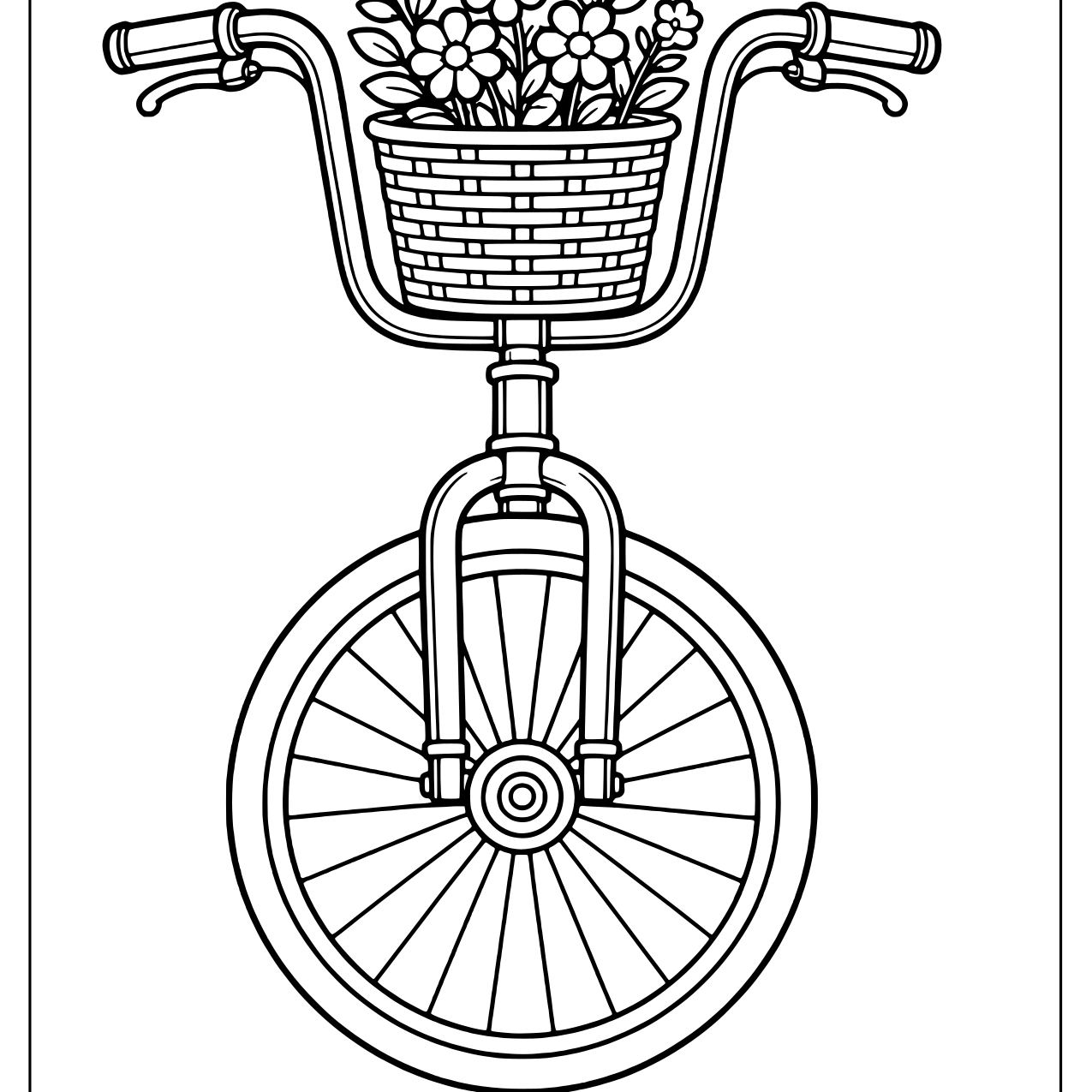 Bicycle front view with a flower basket and tall handlebars