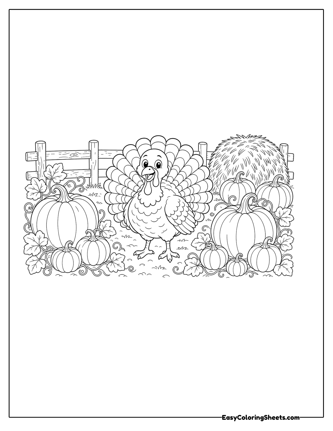Turkey standing in a pumpkin patch beside a fence and a hay pile