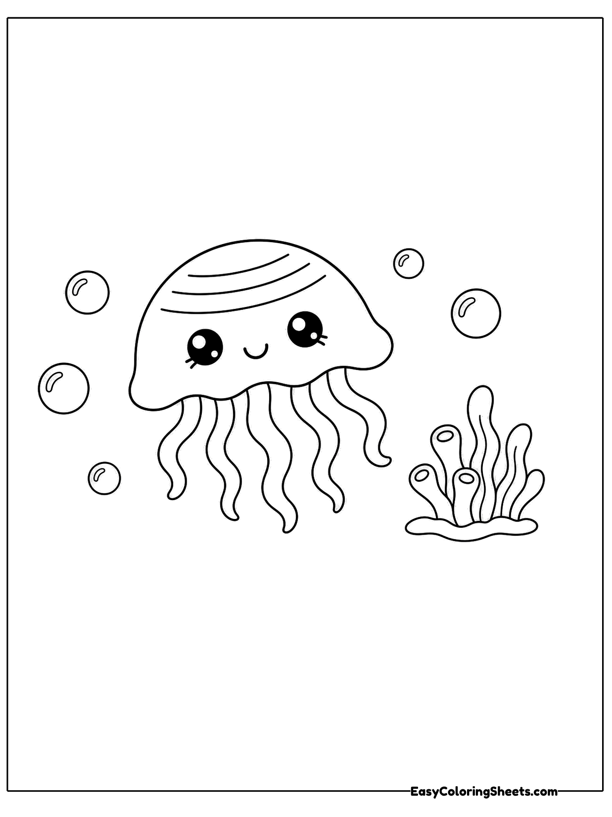 A small striped jellyfish swims among scattered bubbles with a tiny coral sprig nearby.