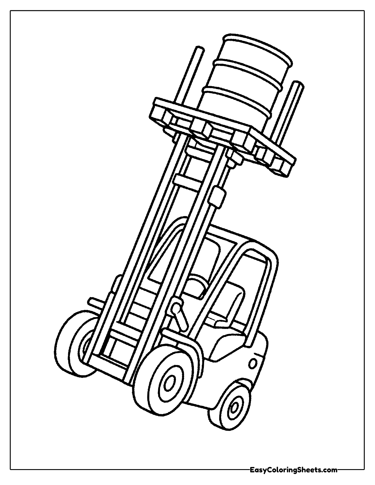 Forklift tilted back while carrying a barrel on its forks