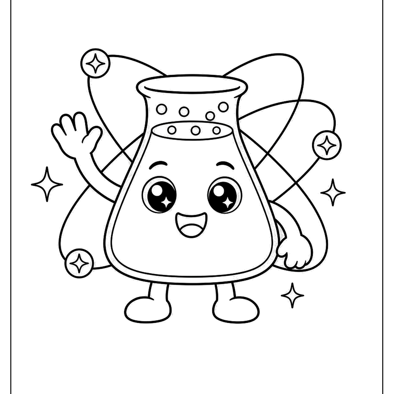 Smiling science flask character with sparkles and orbit rings