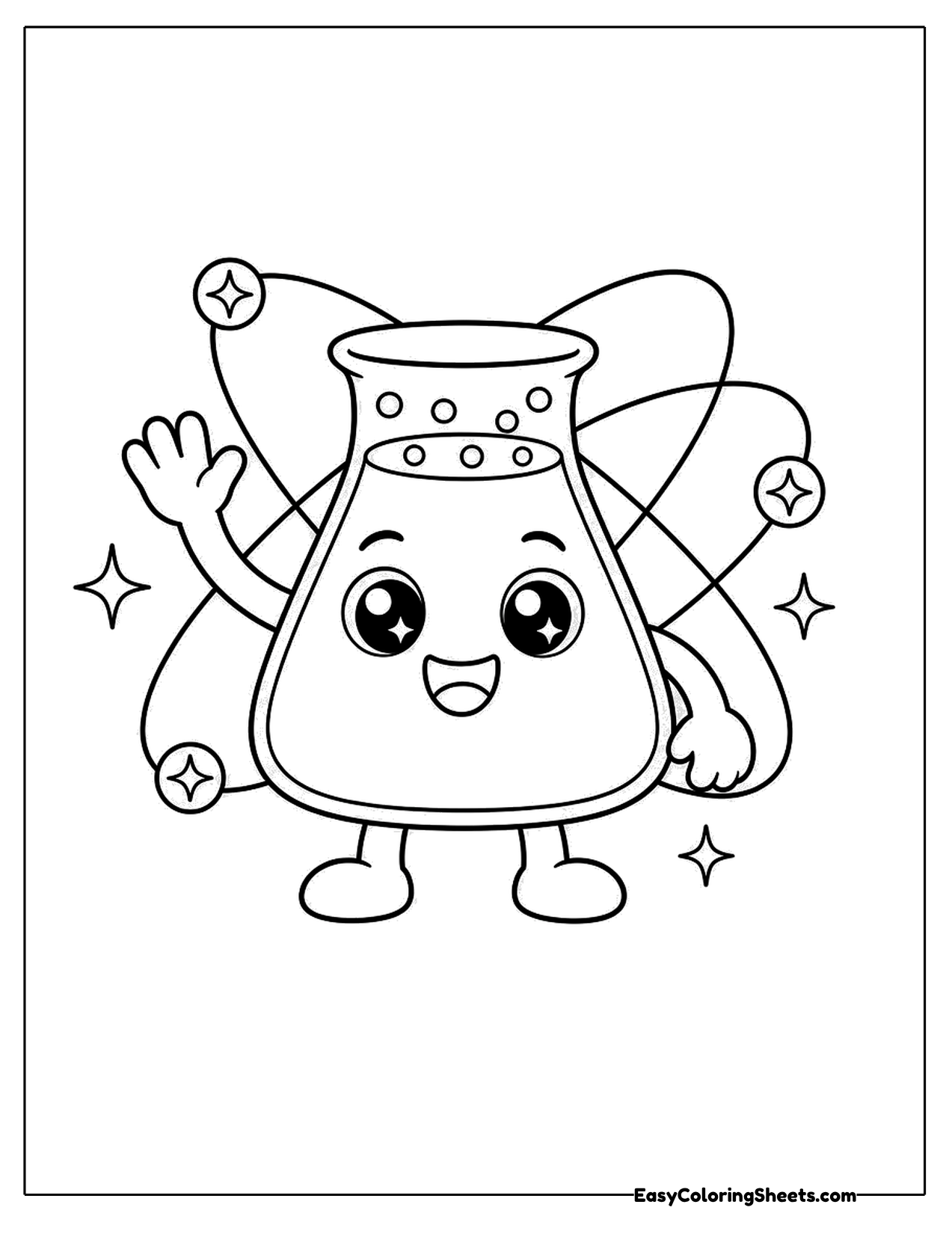 Smiling science flask character with sparkles and orbit rings