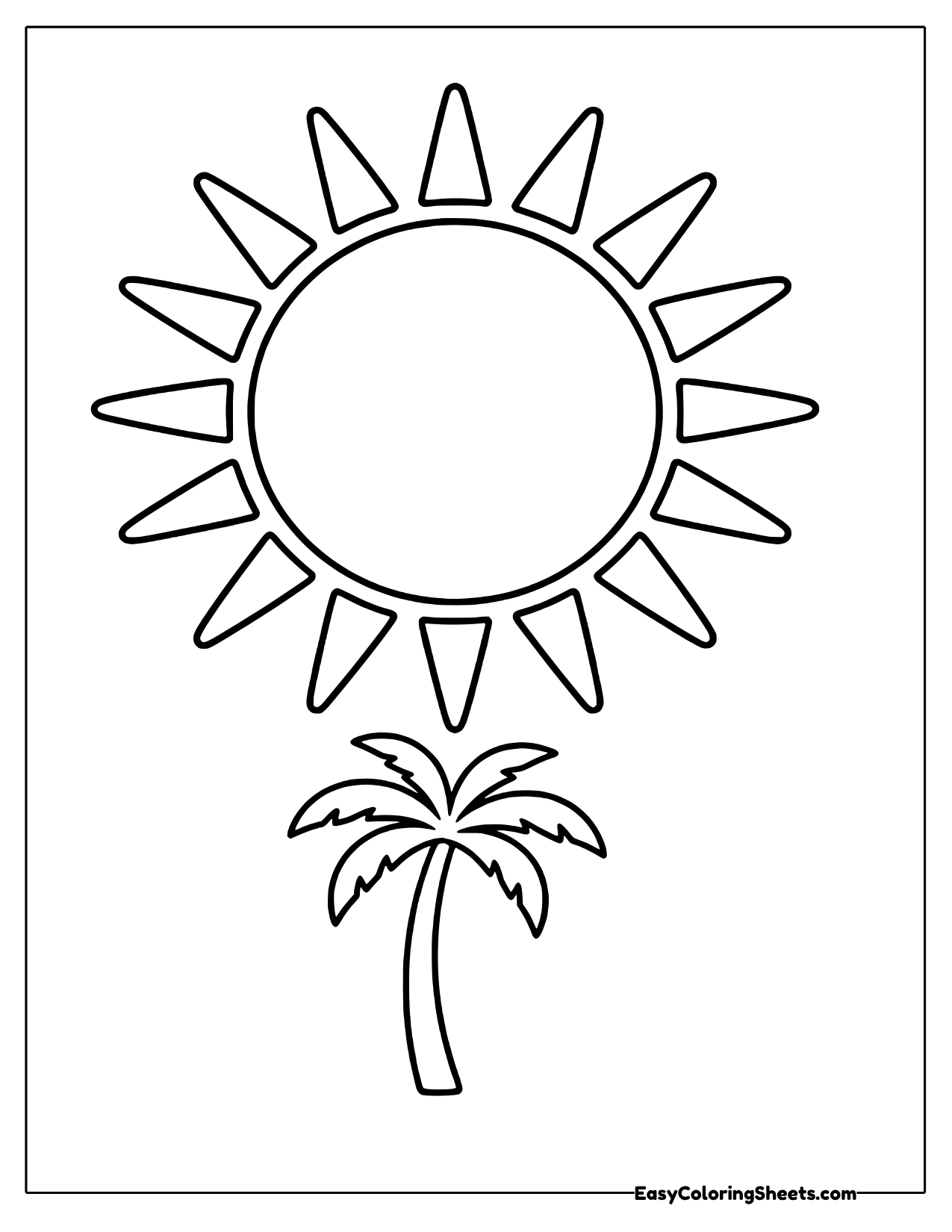 A huge sun with neat pointed rays fills the top of this tropical page, leaving a wide round center to color.