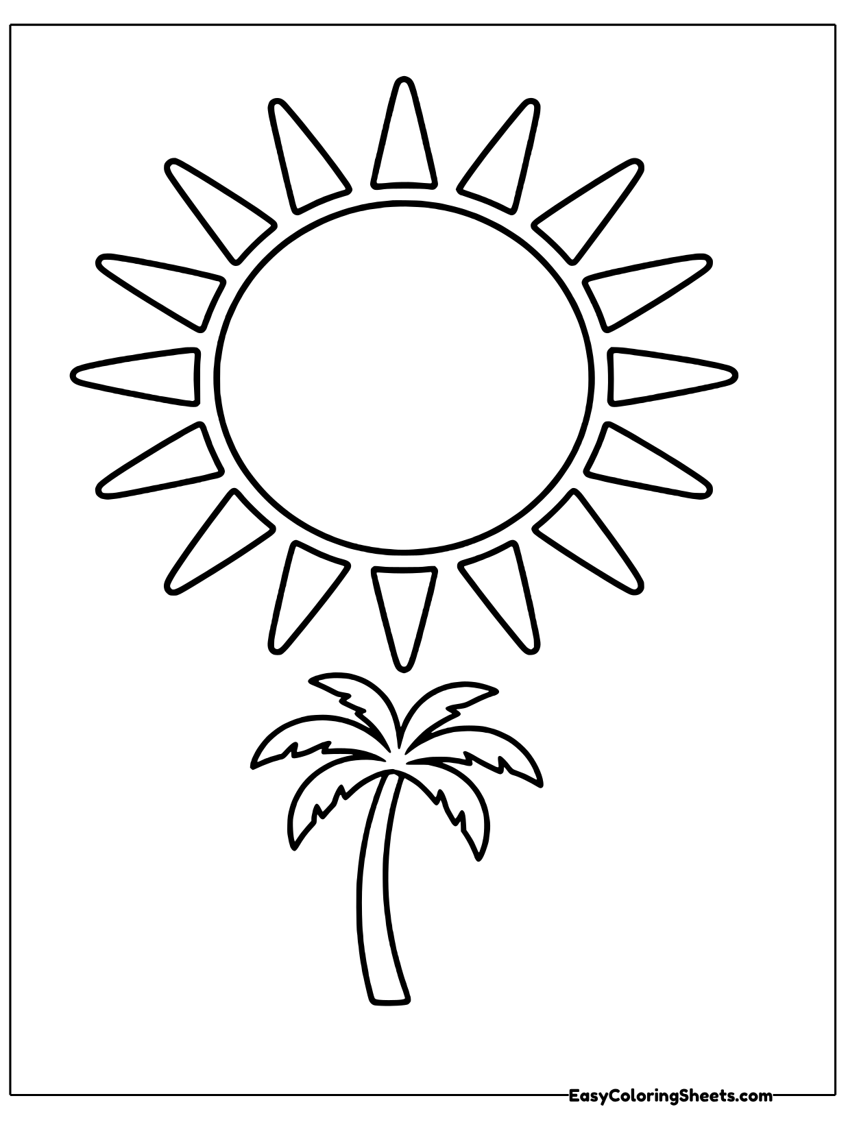 A huge sun with neat pointed rays fills the top of this tropical page, leaving a wide round center to color.