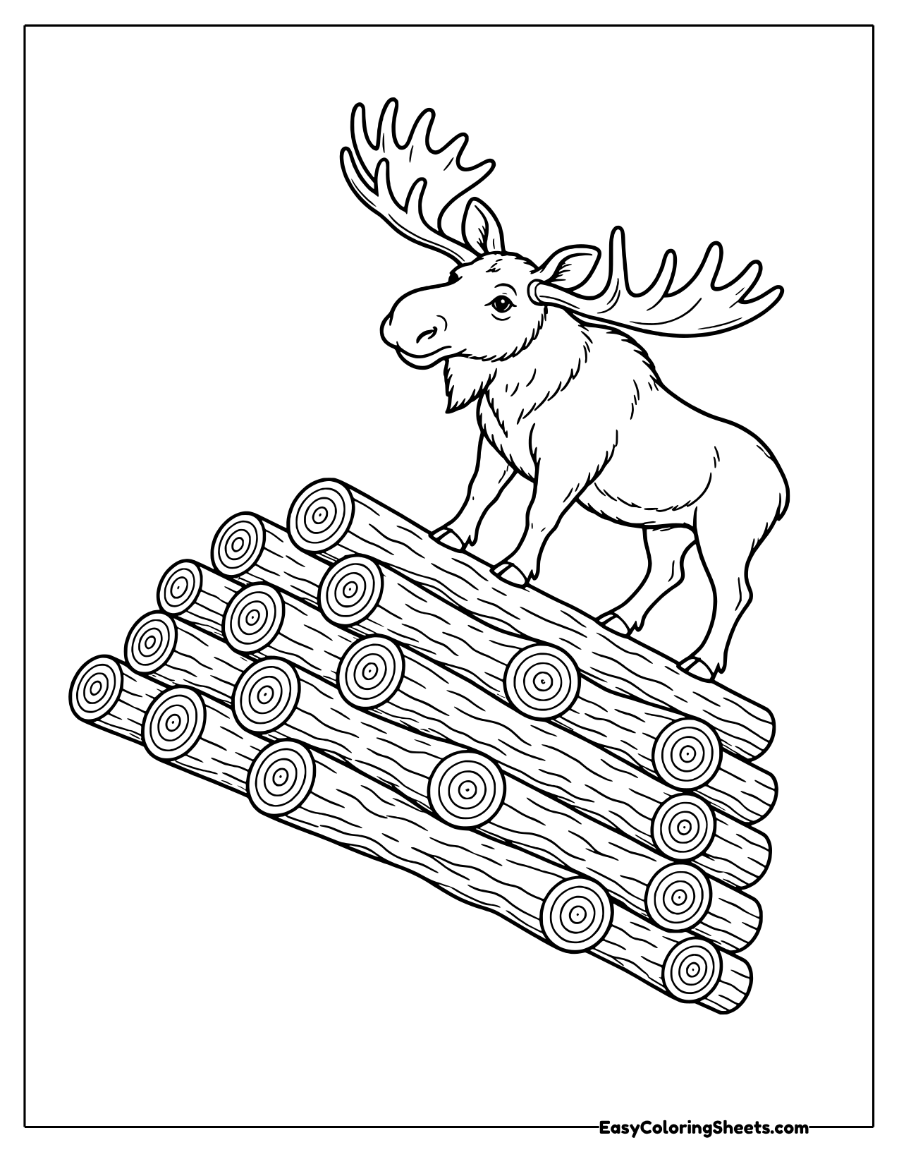 Moose with broad antlers standing on a pile of stacked cut logs