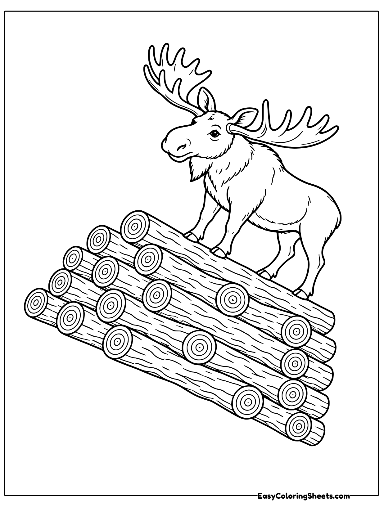 A moose with wide flat antlers stands proudly on top of a tall pile of cut logs, each log end showing rings.