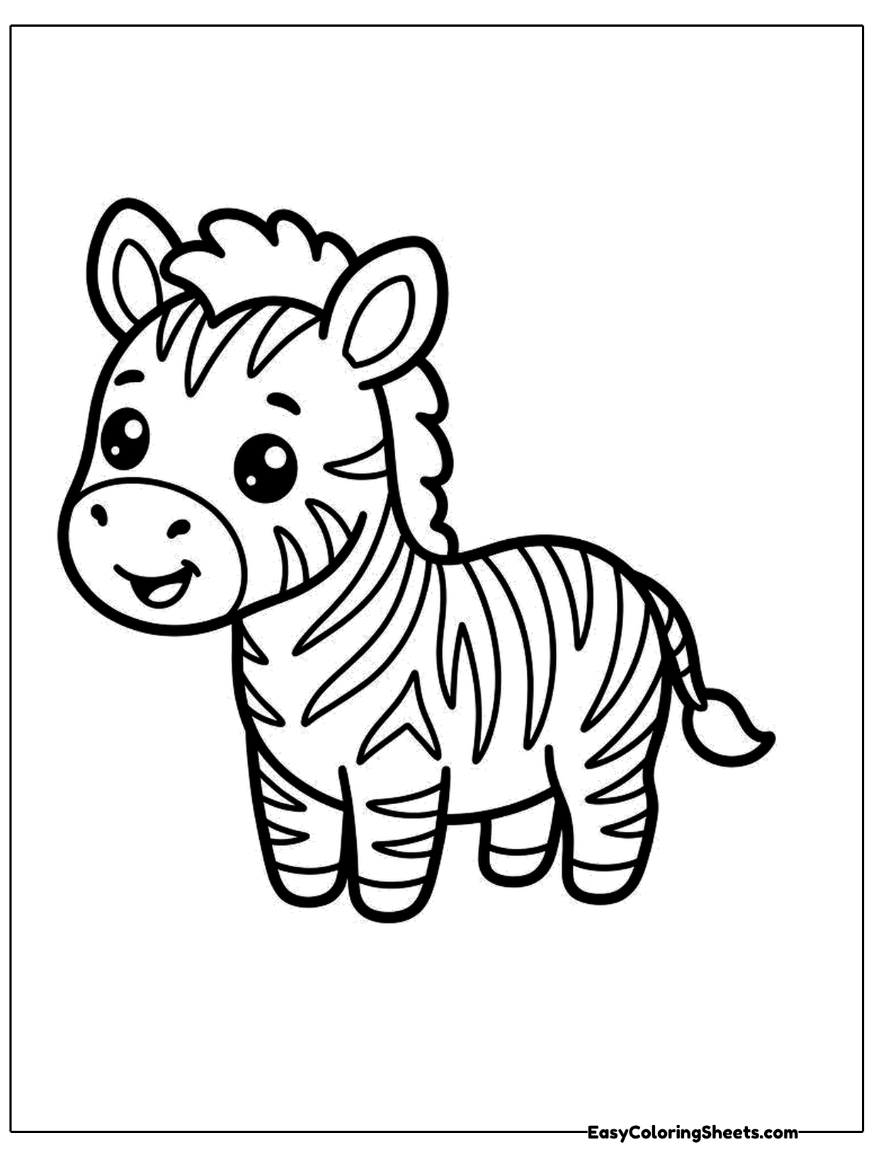 A smiling zebra stands on sturdy legs with a short, bristly mane and a long tail with a tuft.
