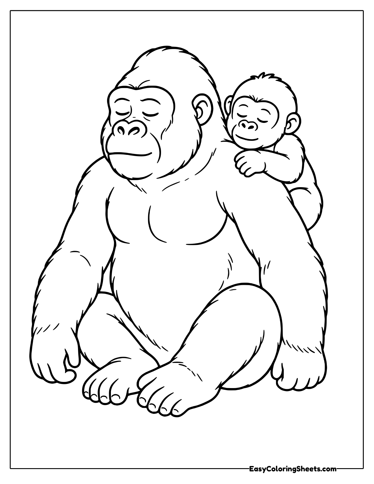 Gorilla sitting with a baby riding on its back