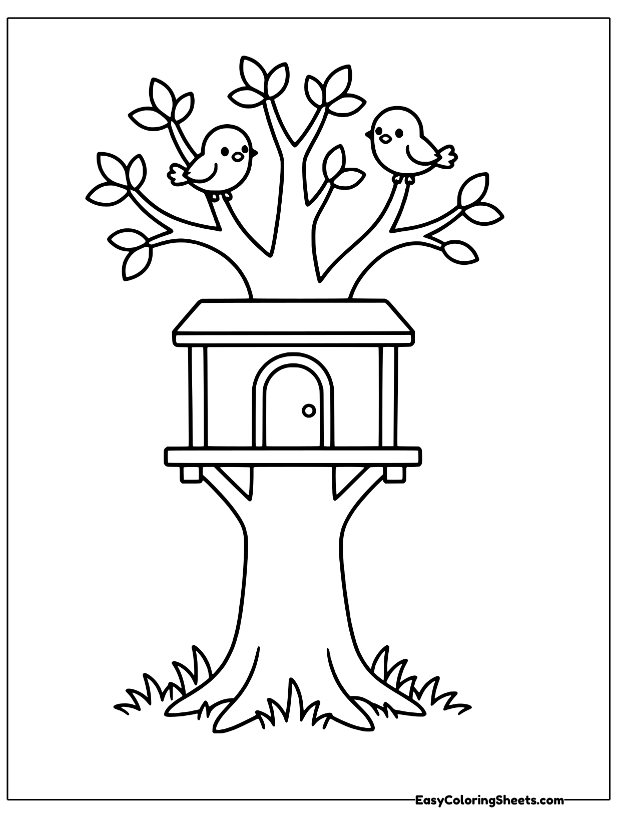 A sturdy tree holds a small wooden treehouse with a pitched roof, a window and plank walls.