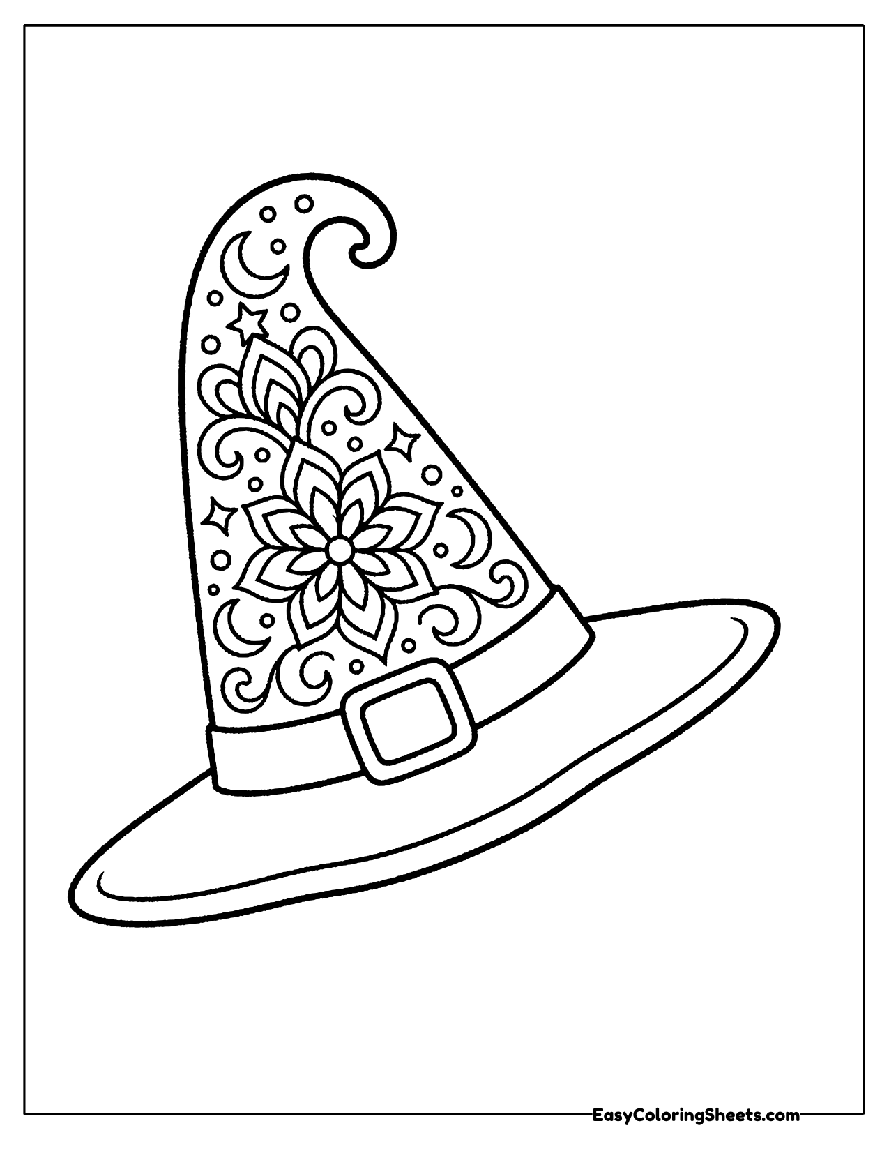 Pointed witch hat with a buckled band covered in stars, moons and mandala swirls