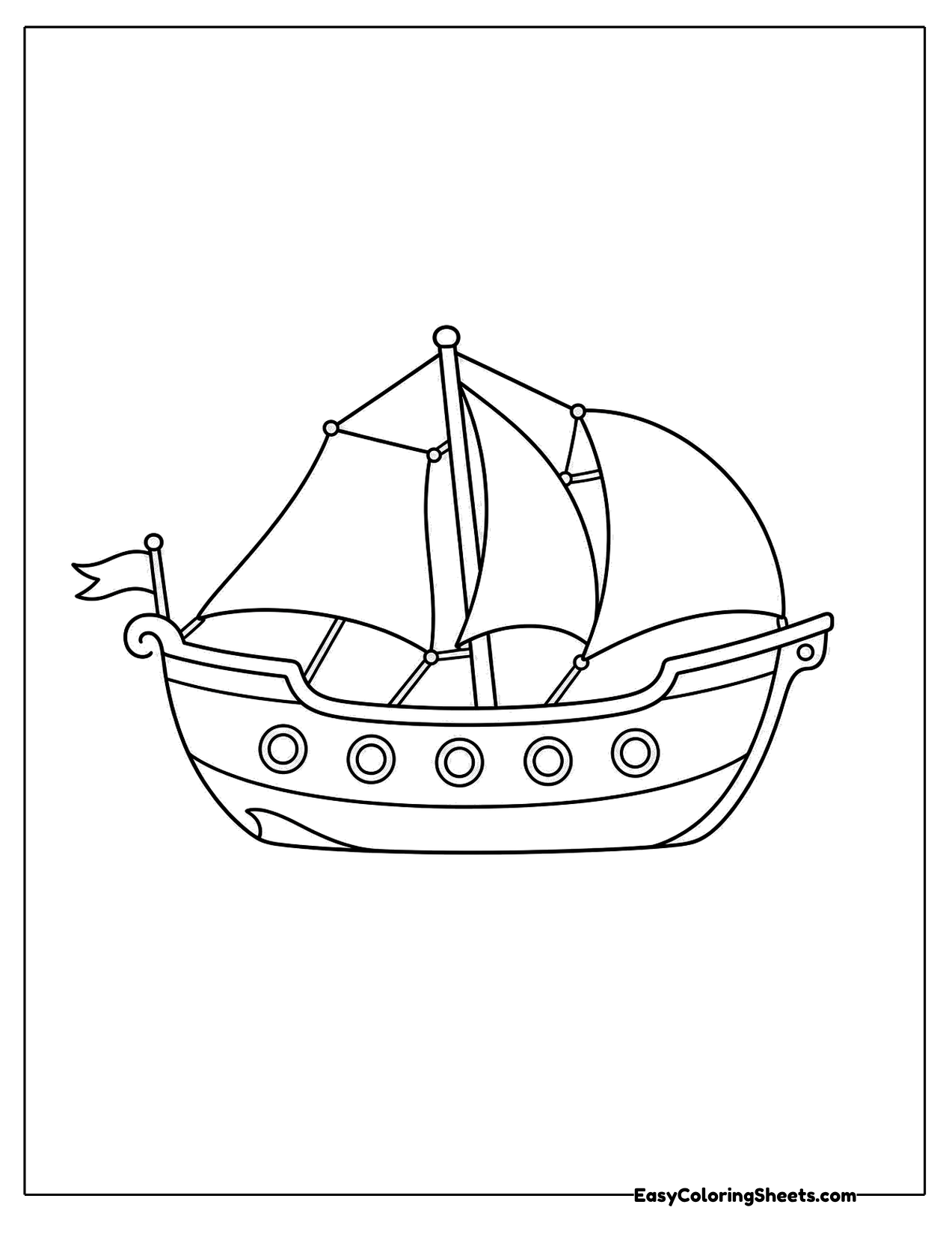 Sailing ship with portholes and billowing sails