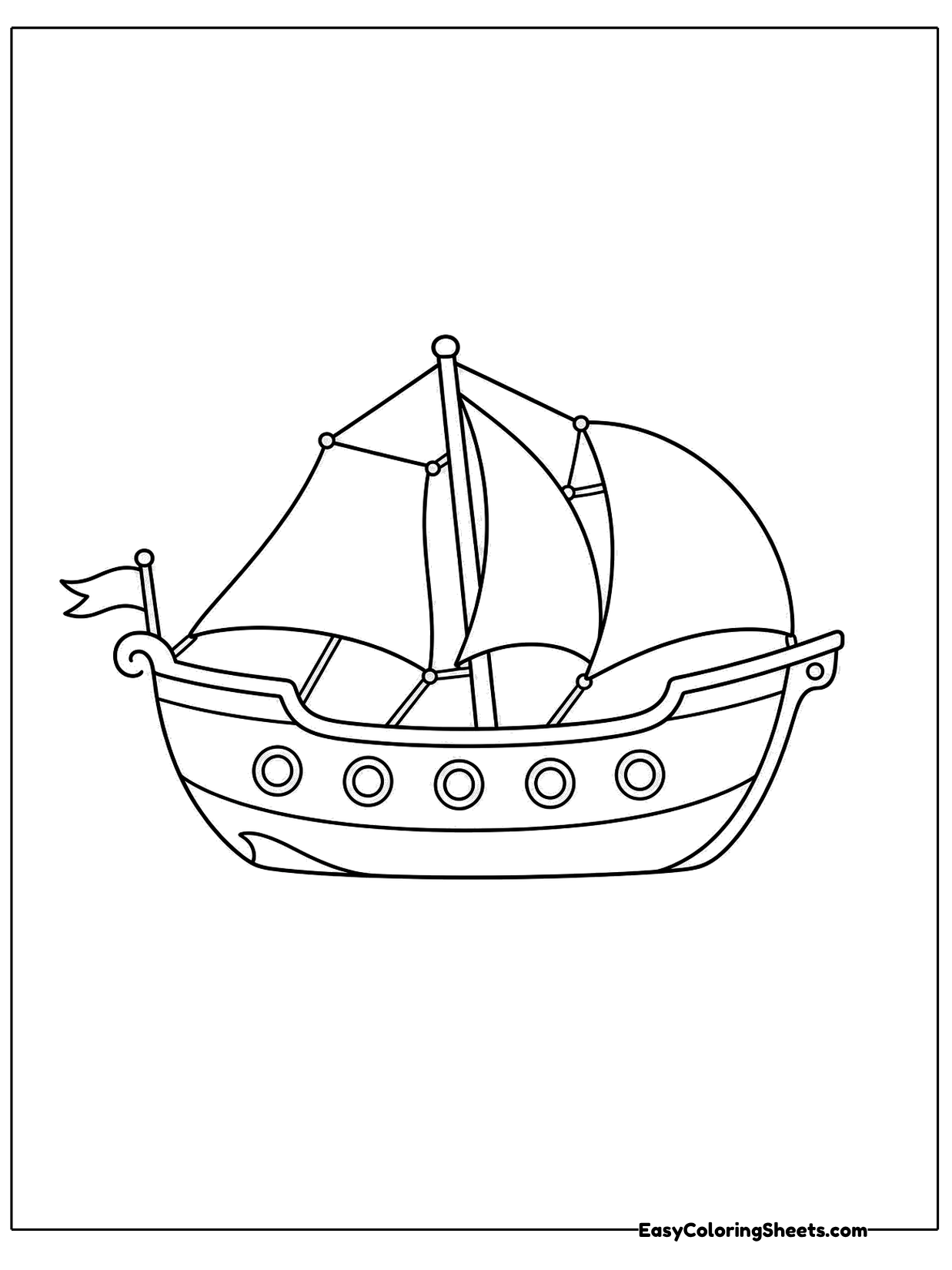 A sailing ship with round portholes and billowing sails glides across the water with a pennant flying from the mast.